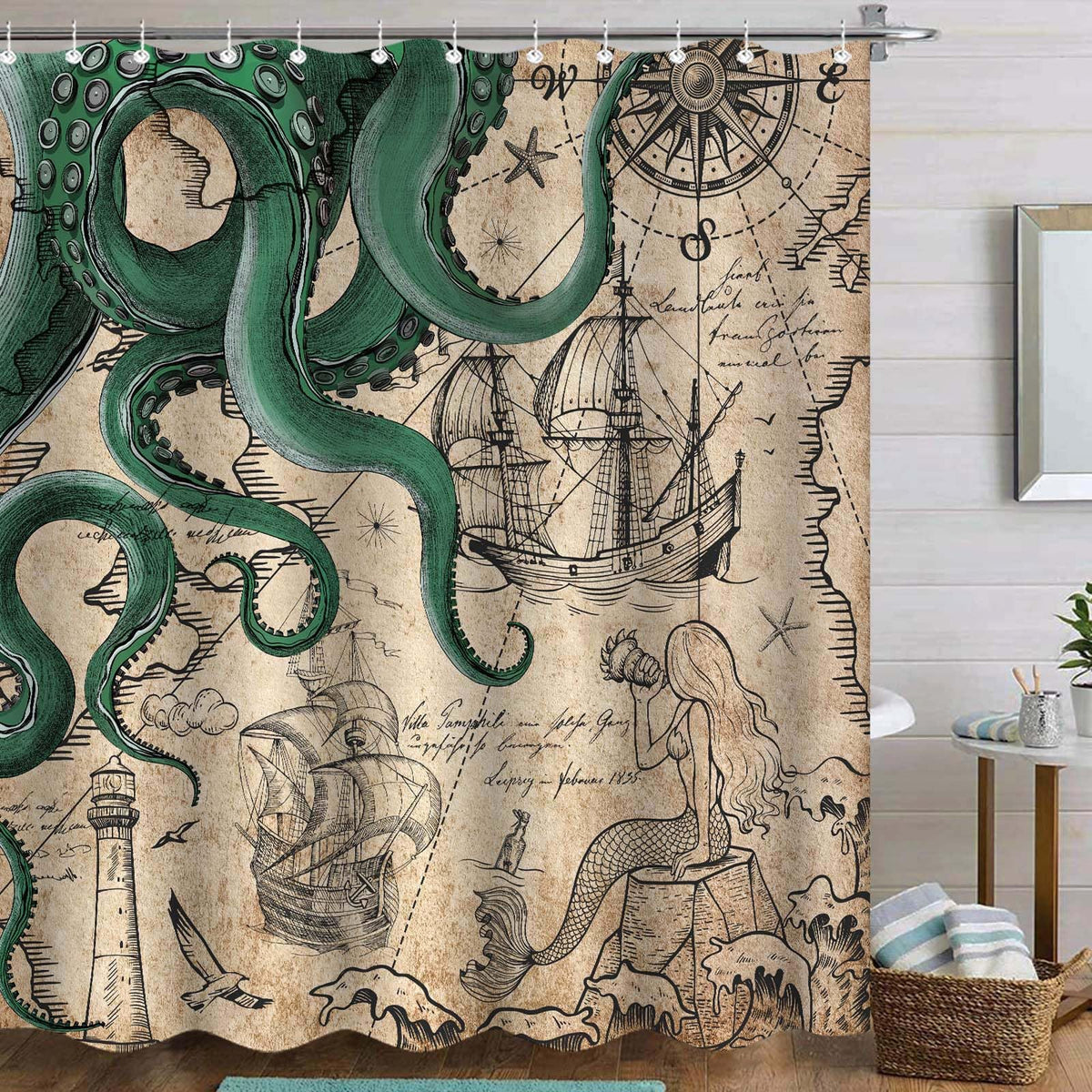 Fungarth Long Vintage Green Nautical Octopus Shower Curtain Mermaid Funny Ocean Kraken Shower Curtains for Bathroom Cool Anchor 