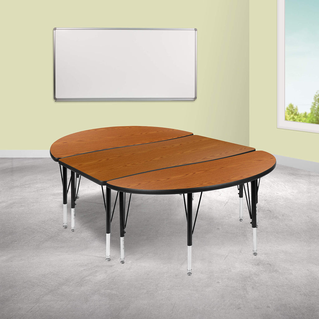 Flash Furniture 3 Piece 76" Oval Wave Collaborative Oak Thermal Laminate Activity Table Set - Height Adjustable Short Legs