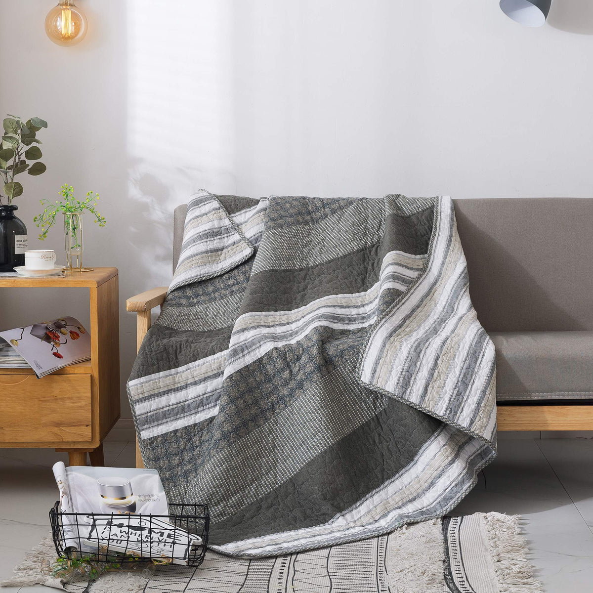 Soul & Lane Madrona 50' X 60' Cotton Quilted Throw Blanket, Modern Masculine Striped Throw Quilt For Couch, Lightweight Pieced