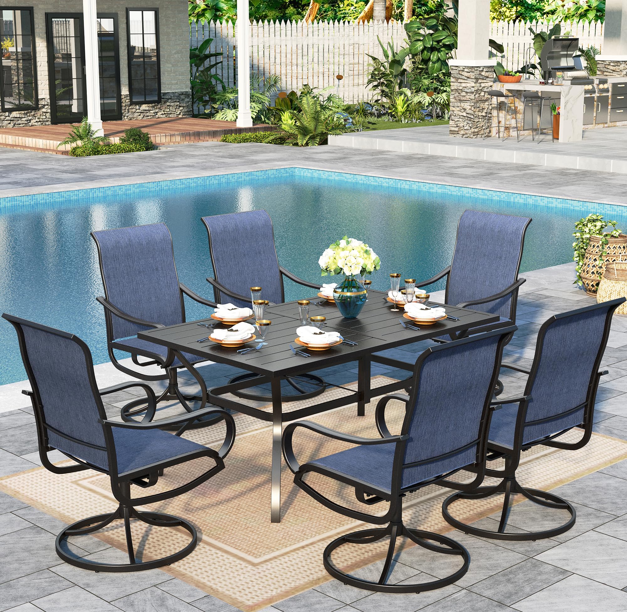 Sophia & William Outdoor Dining Set Patio Dining Set For 6 Outdoor Table And Chairs 7 Pieces Outdoor Patio Set With Swivel Patio Chairs 60'X 38' Metal Table For Garden Pool All Weather Blue