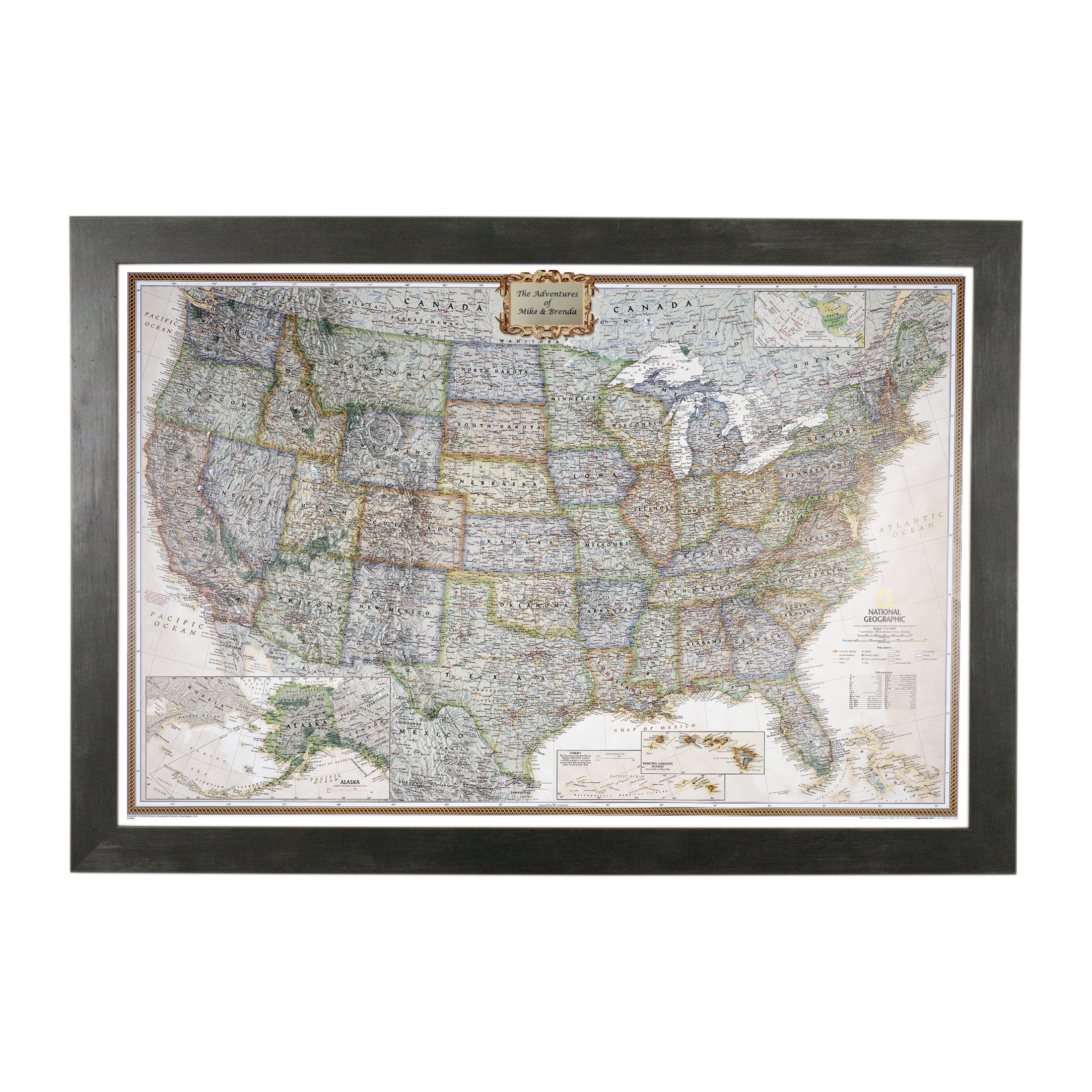 Push Pin Travel Maps Executive US with Personalized Rustic Black Frame and Pins - 27.5 inches x 39.5 inches