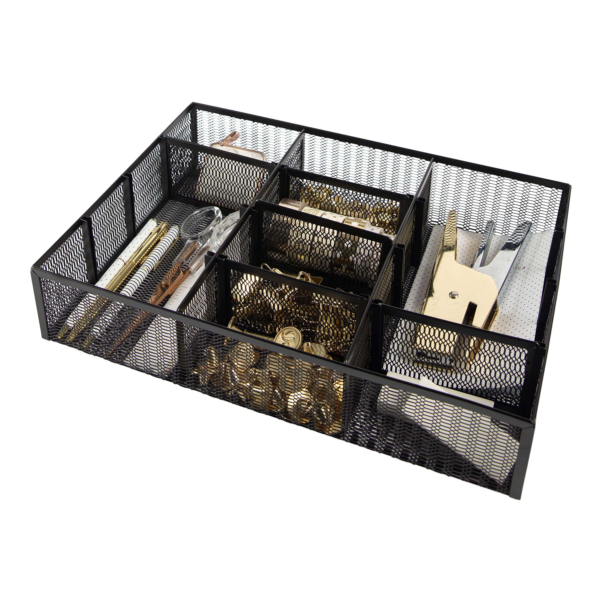 Blu Monaco Desk Drawer Organizer Tray - Up To 12 Adjustable Compartments With 9 Removable Dividers - Black Metal Mesh Space Savi