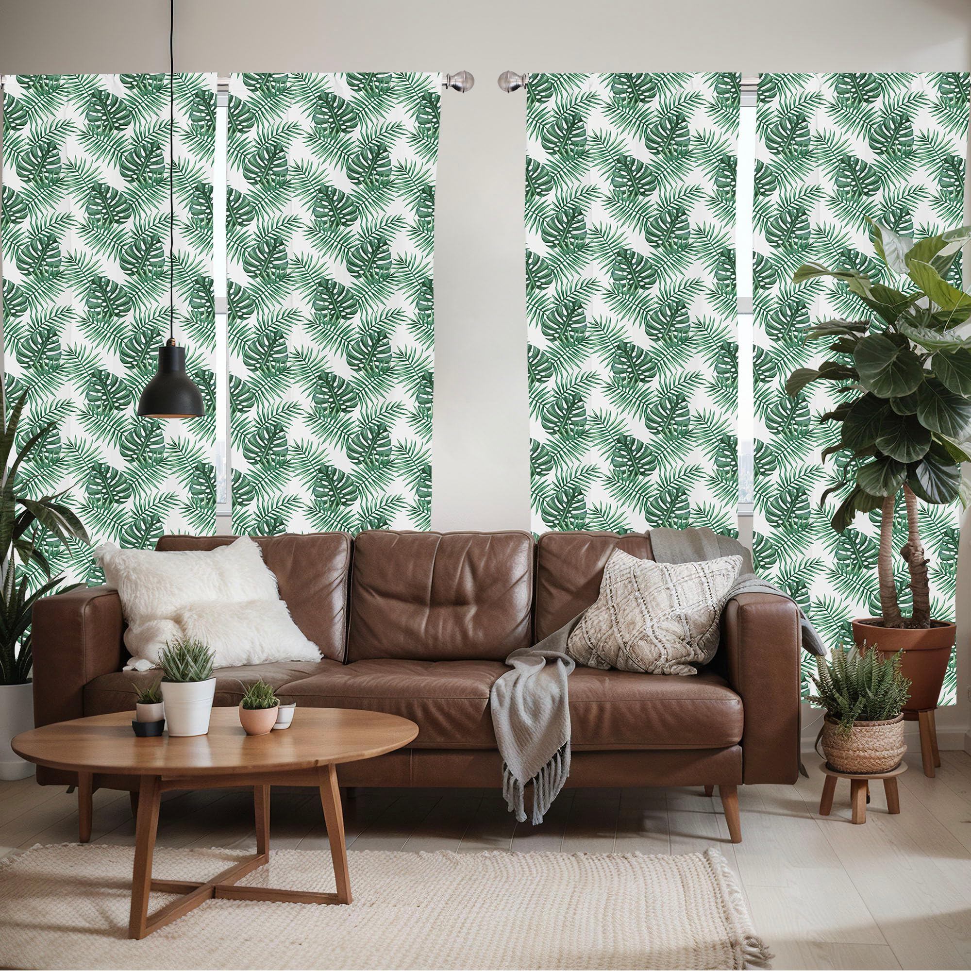 Ambesonne Leaf Window Curtains Pack Of 2, Palm Mango Banana Tree Leaves In Tropical Wild Savannah Island Jungle Image Art, Light