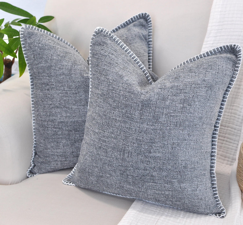 Stitched Edge Soft Throw Pillow Covers Heather Dark Grey 20X20 Inches Set Of 2/ Textured Velvet Chenille Cushion Covers/Farmhous