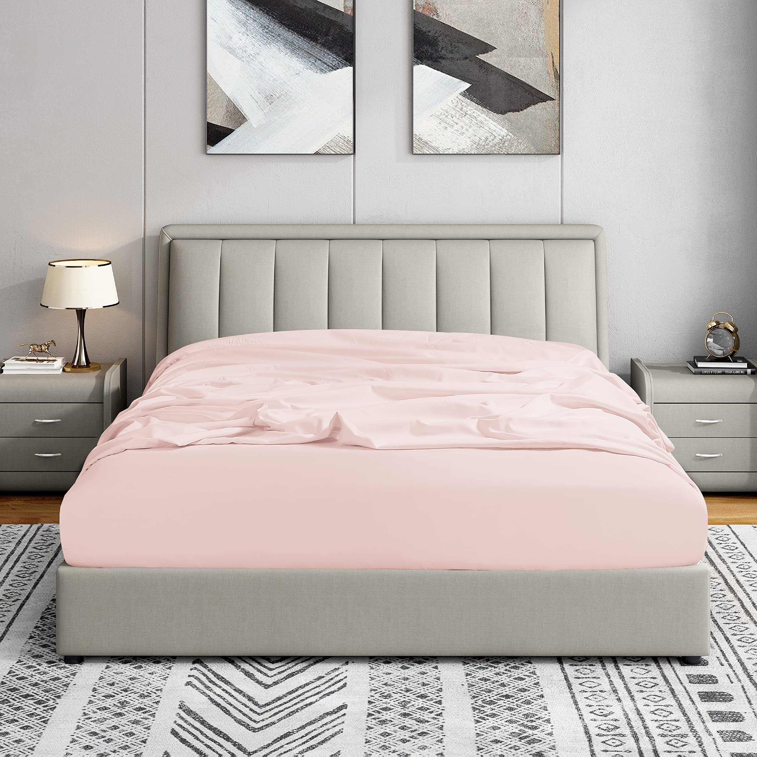 Cathay Home Twin Fitted Sheet - Double Brushed Ultra Soft - Wrinkle & Fade Resistant - 21' Extra Deep Pocket Fitted Sheet Only - Good Fit For 19'-23' Deep Mattress (Twin, Blush)