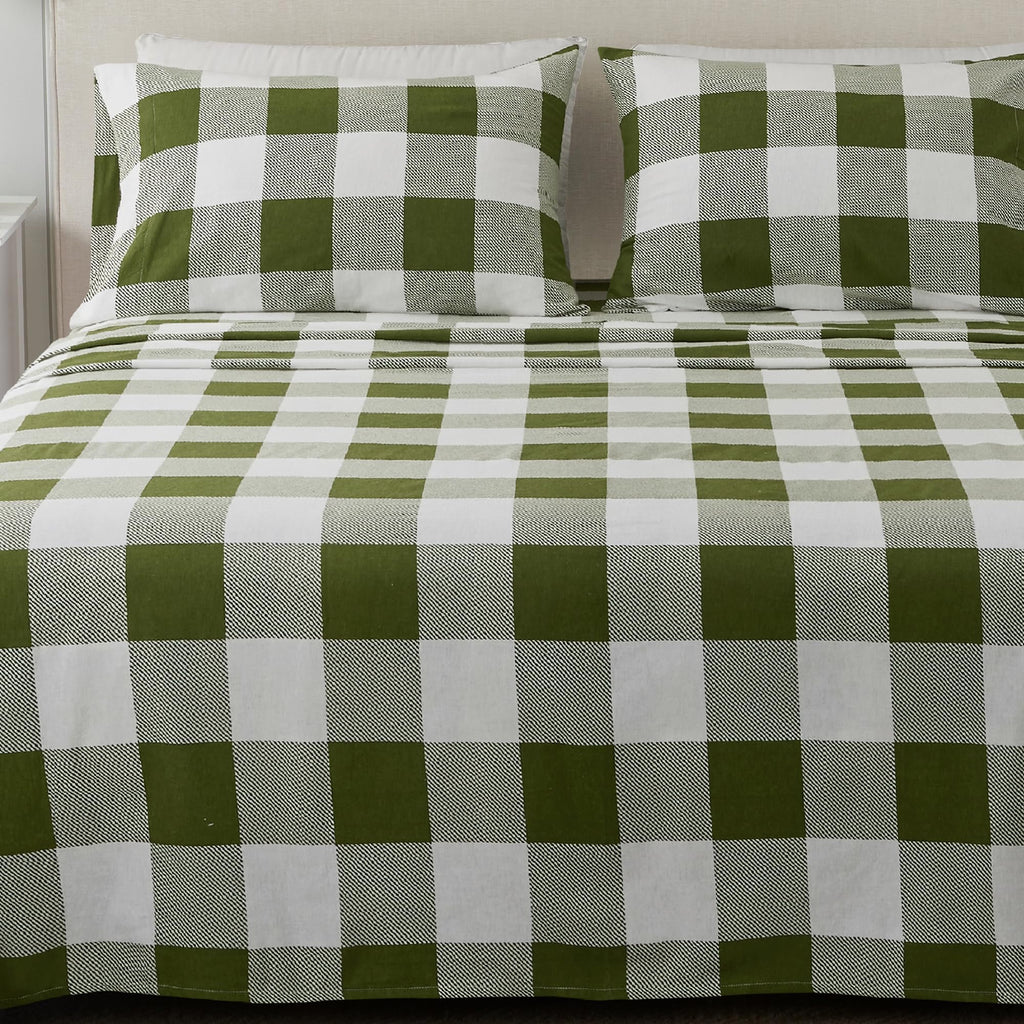4 Piece 100% Turkish Cotton King Green Printed Flannel Sheets Set | Deep Pocket, Soft Sheets | Warm, Double Brushed Bed Sheets |