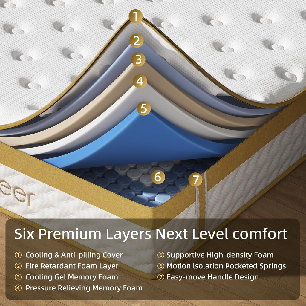 Naiveer Cooling Gel Queen Size Mattress 10 Inch Hybrid Queen Mattress In A Box With Pocketed Springs Memory Foam For Back Pain &