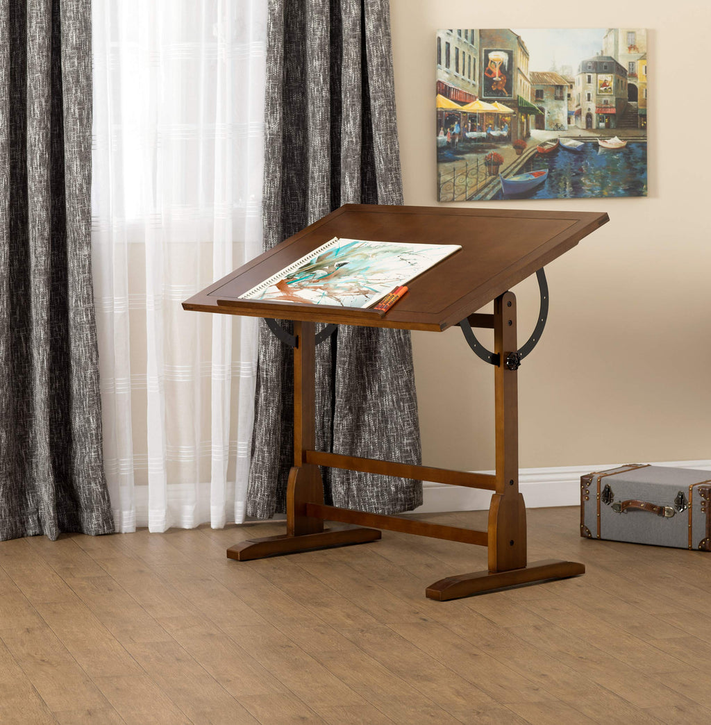 Studio Designs Vintage Drafting Table - Antique Design Solid Wood Drafting Table With Built-In Pencil Groove And Pencil Ledge - Angle Adjustable Work Surface