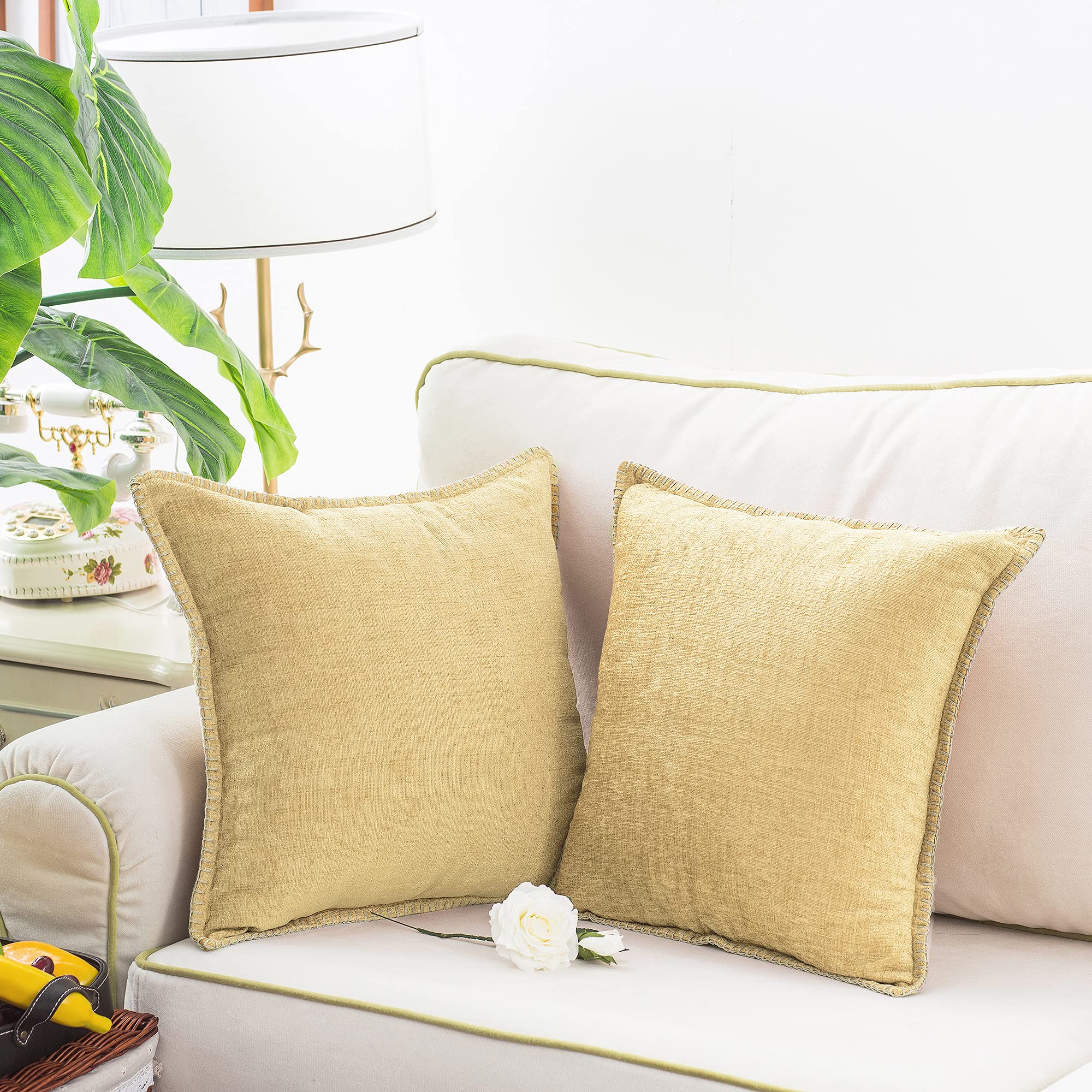 Throw Pillow Cases Calitime Pack Of 2 Cotton Thread Stitching Edges Solid Dyed Soft Chenille Cushion Covers For Couch Sofa Home