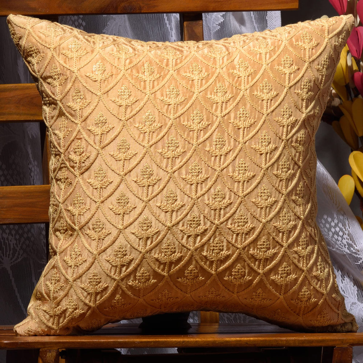 Scarlett Linens Embroidered Cushion Covers 16X16 Inches | Yellow Cushion Covers | Decorative Pillows With Thread And Sequins Emb