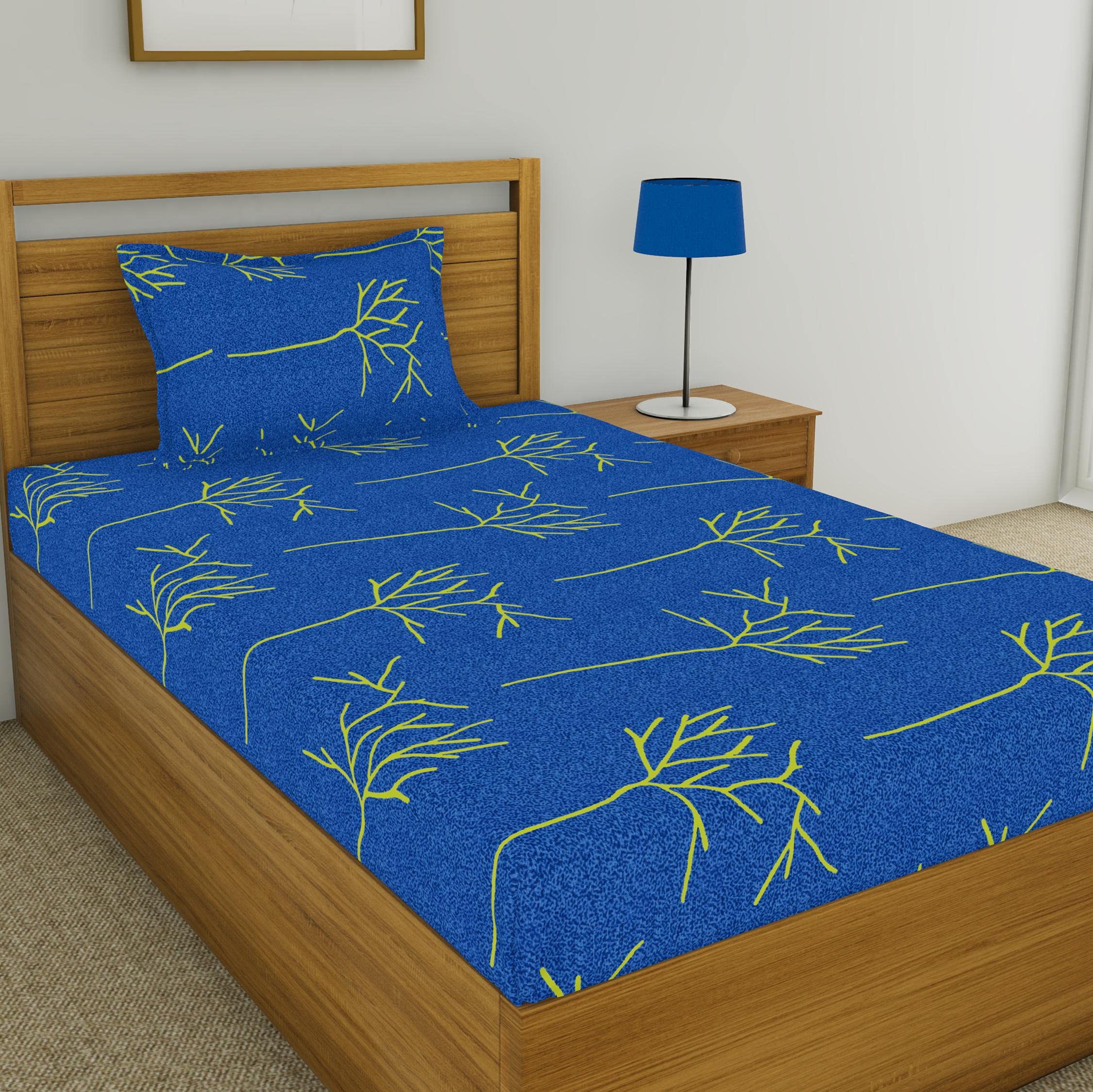 Huesland By Ahmedabad Cotton 144 Tc Cotton Single Bedsheet With 1 Pillow Cover  Blue