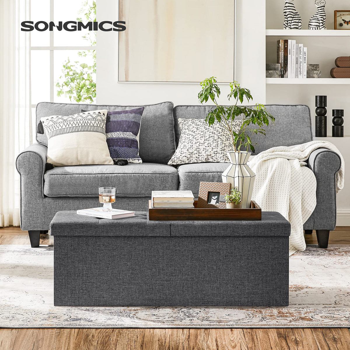 Songmics Mazie Collection - 43 Inches Storage Ottoman, Foldable Storage Bench With Flipping Lid, 660 Lb Load Capacity, For Entryway, Living Room, Bedroom, Dark Gray Ulsf76Gyz
