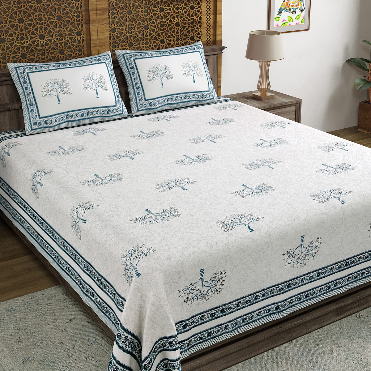BLOCKS OF INDIA Hand Block Printed 200 TC Cotton King Size Bedsheet (Light Grey)