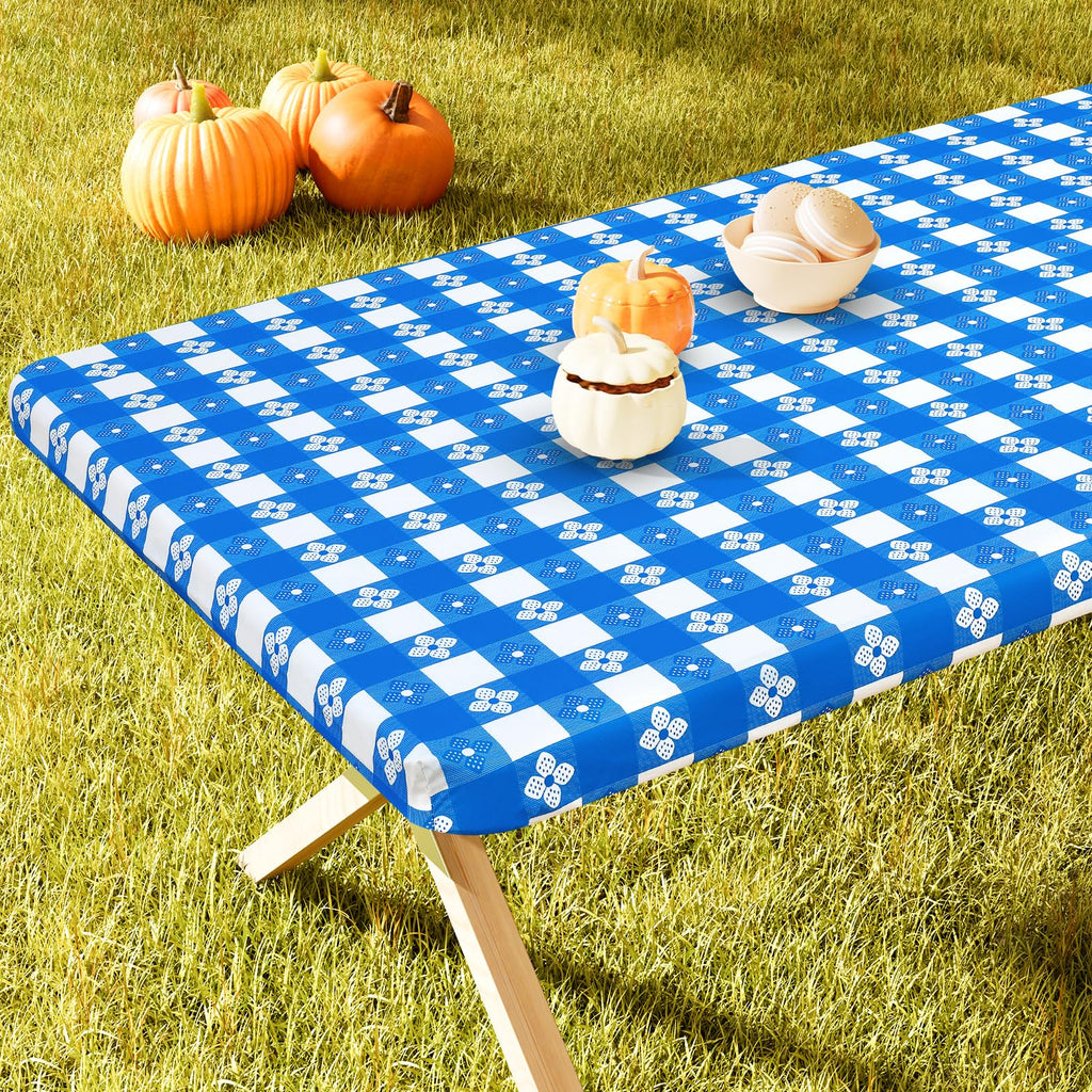 Spotjoy Rectangle Picnic Table Cloth, Waterproof Elastic Fitted Outdoor Table Covers For 8 Foot Tables, Flannel Backed Plastic V