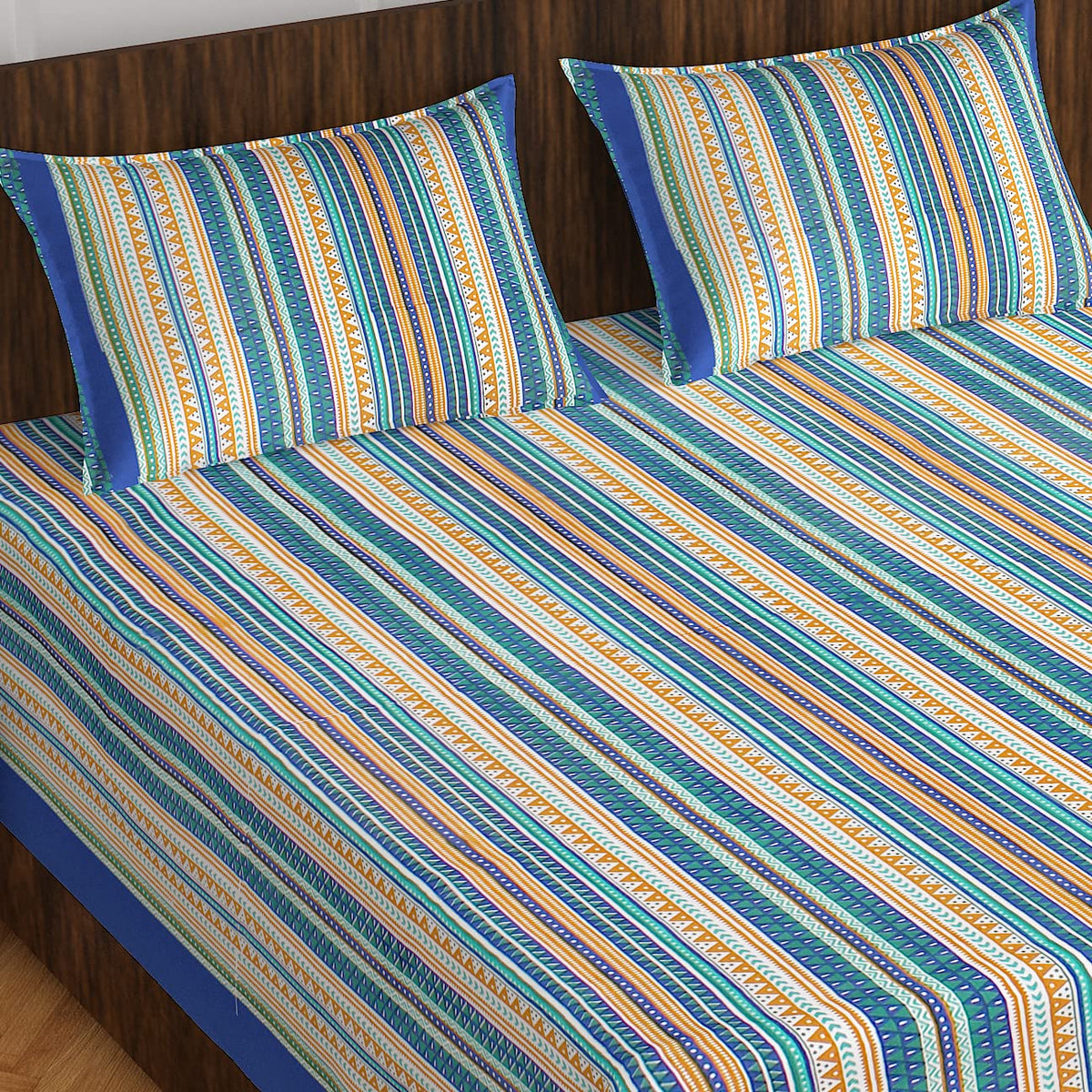 Meejoya 100% Queen Size Rajasthani Jaipuri Traditional Sanganeri Print 144 TC Cotton Double Size Bedsheet with 2 Pillow Covers 