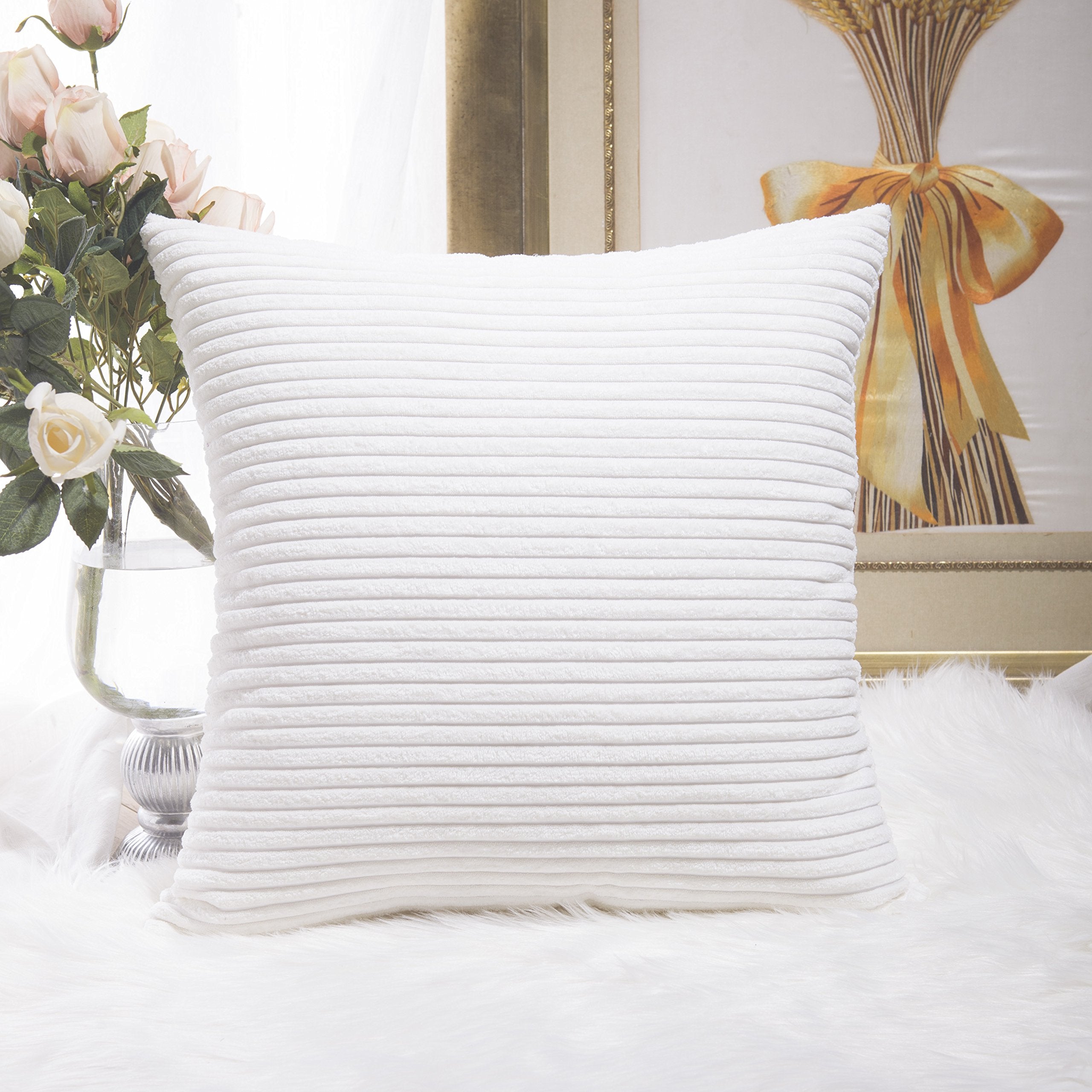 Home Brilliant Euro Sham Super Soft Striped Corduroy Velvet Decorative Throw Pillow Cushion Cover For Baby, 26X26 Inch(66Cm), Cr