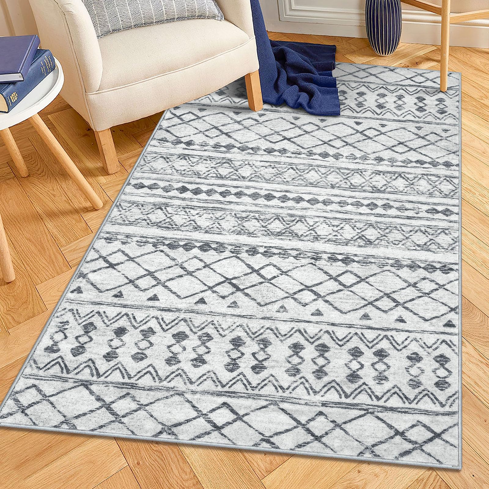 KUTA 3x5 Grey Boho Area Rug for Living Room, Moroccan Washable Kitchen Rugs Non Slip, Ultra Soft Print Distressed Geometric Entr