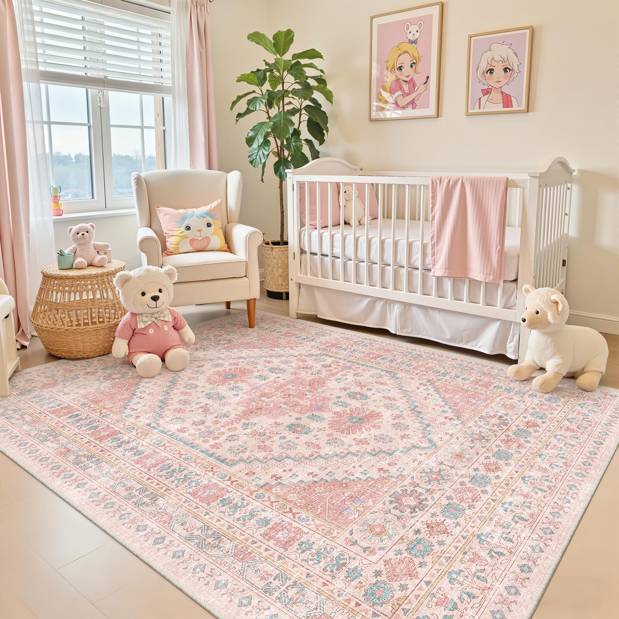 zesthome Pink Rug - 5x8 Area Rugs for Bedroom, Stain Resistant Washable Rugs for Nursery Room, Living Room, Home Decor, Girls Ru