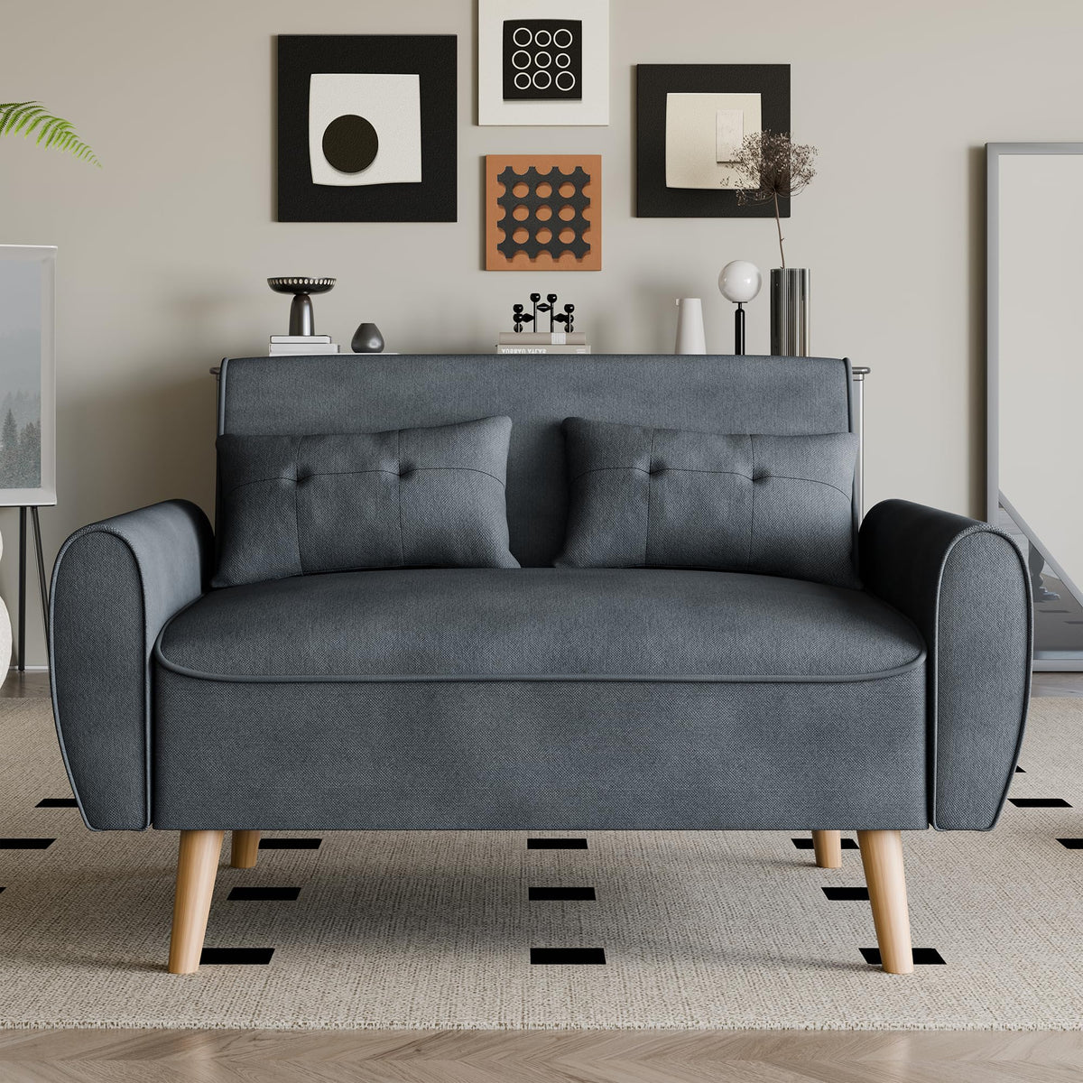 Vongrasig 47 Small Modern Loveseat Sofa, Mid Century Linen Fabric 2-Seat Couch Tufted Love Seat with Back Cushions and Tapered W