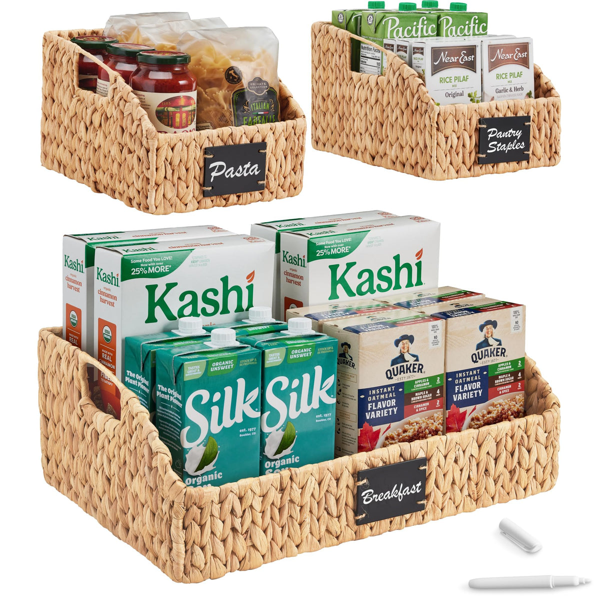 Best Choice Products Water Hyacinth Pantry Storage Baskets, Wicker Baskets w/Builtin Handles, Handwoven Shelf Baskets for Organ