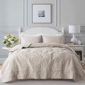 Damask Quilt King Size Bedding Sets With Pillow Shams, Boho Soft Lightweight Bedspread Coverlet, Beige Quilted Blanket Thin Comf
