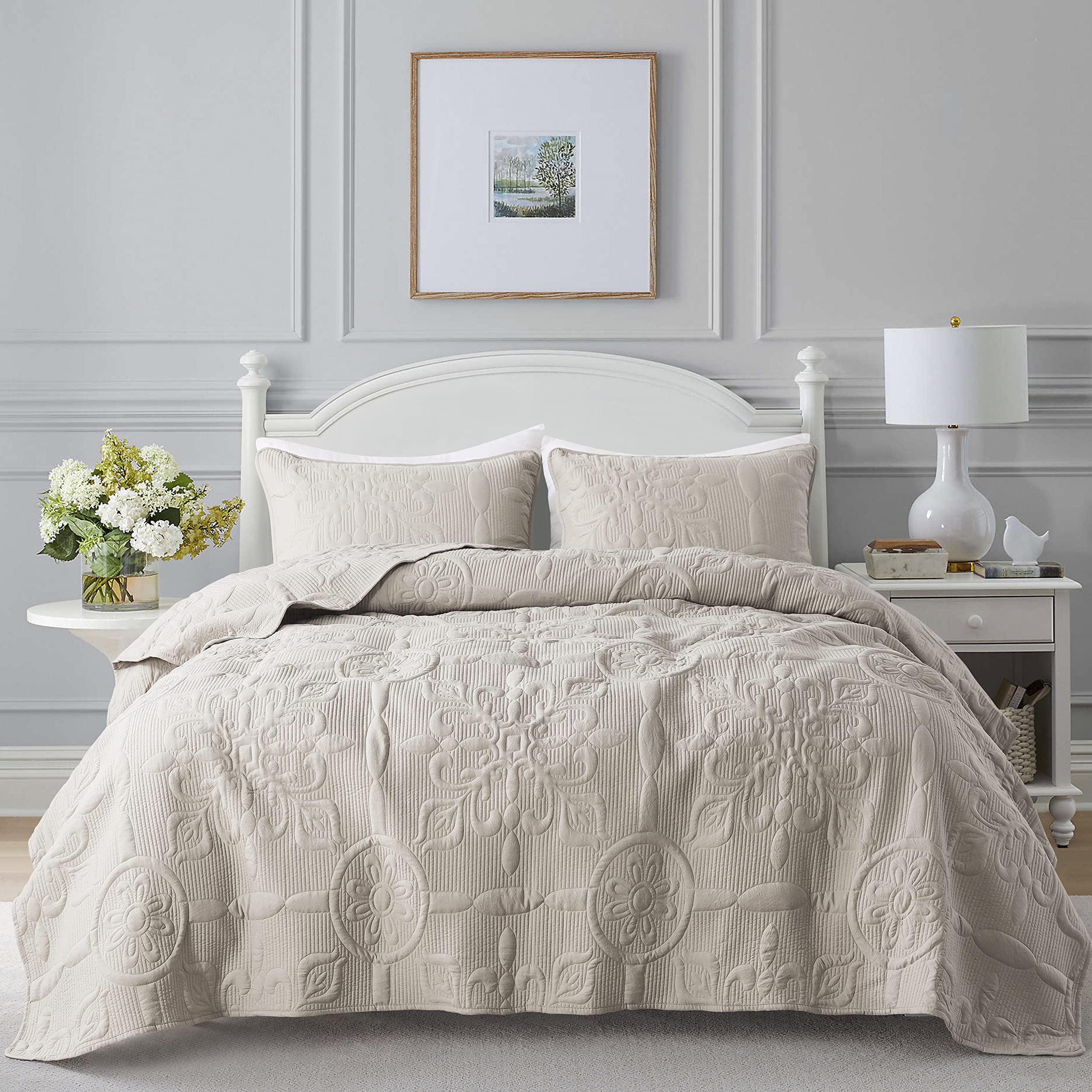 Damask Quilt King Size Bedding Sets With Pillow Shams, Boho Soft Lightweight Bedspread Coverlet, Beige Quilted Blanket Thin Comf