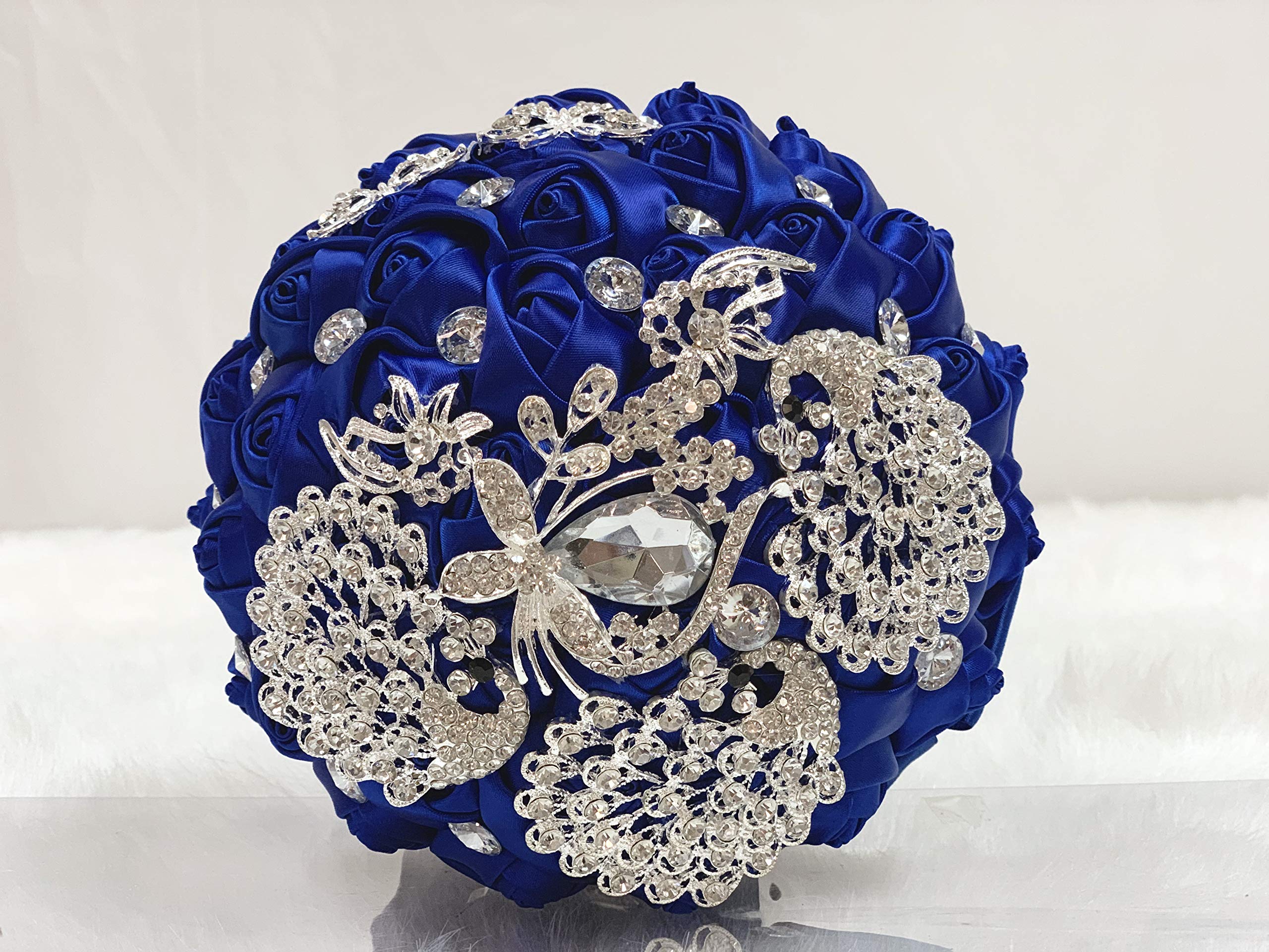 Abbie Home Sparkle Rhinestone Jewelry Bouquet - Satin Rose with Peacock Butterfly Brooches Bride Bridesmaids Wedding Flower (Roy