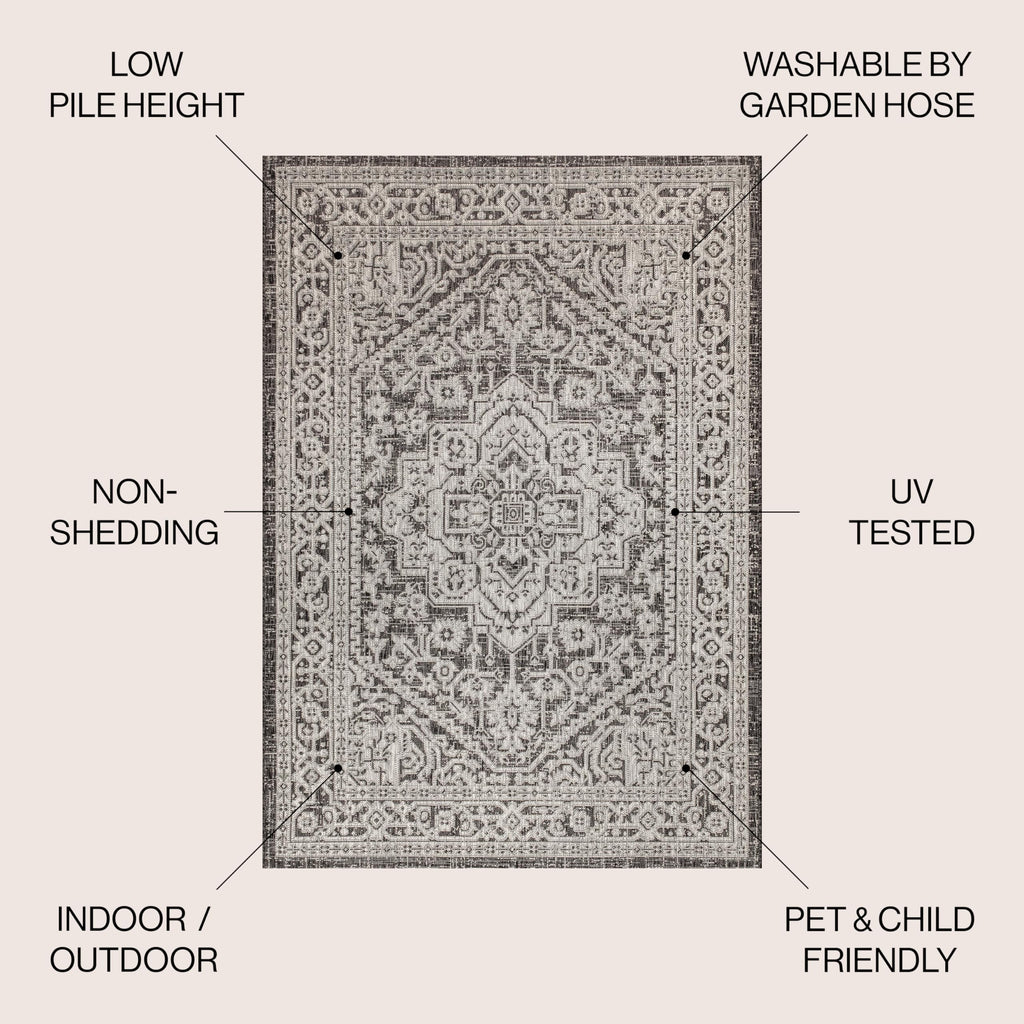 Jonathan Y Smb101D-9 Sinjuri Medallion Textured Weave Indoor Outdoor Area Rug Coastal Bohemian Rustic Glam Easy Cleaning Bedroom Kitchen Backyard Patio Non Shedding, 9 X 12, Gray/Black