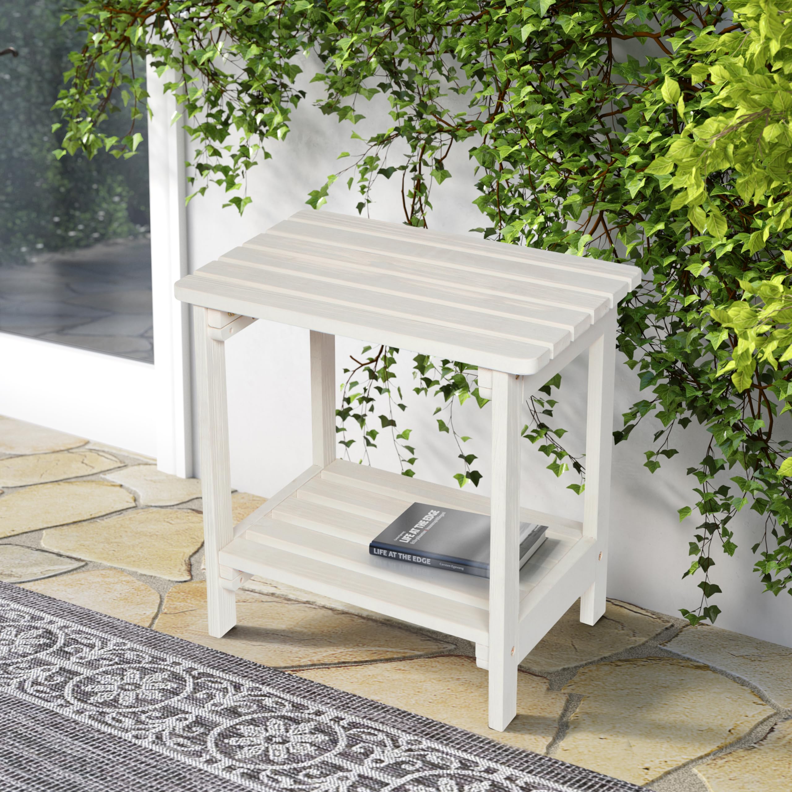 Shine Company Providence Rectangular Solid Wood Side Table, Outdoor Adirondack Patio Table, Eggshell White