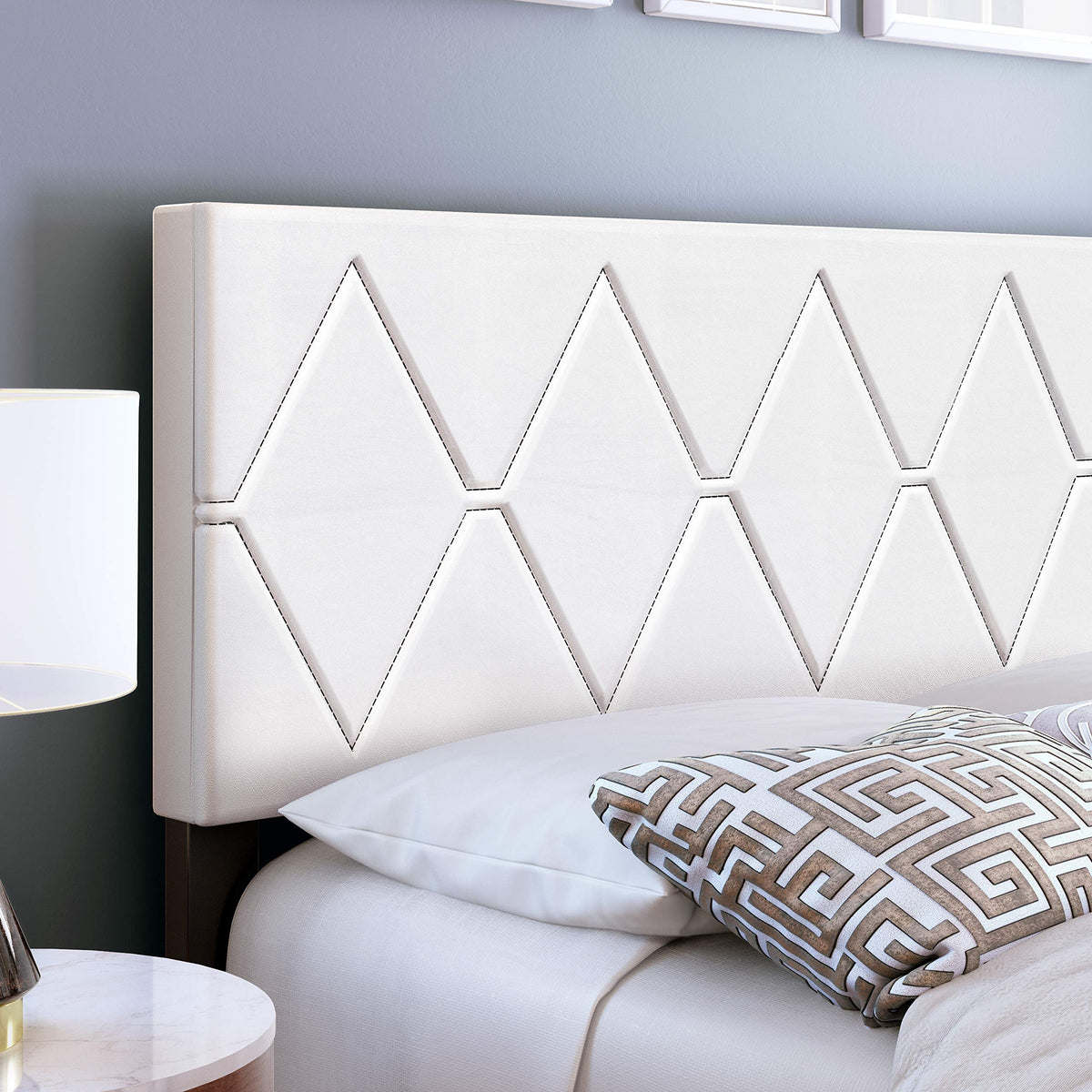 Boyd Sleep Charlat Upholstered Platform Bed with Headboard and Durable Mattress Foundation with Strong 4 Wood Slat Supports, Box Spring Required: Queen, White