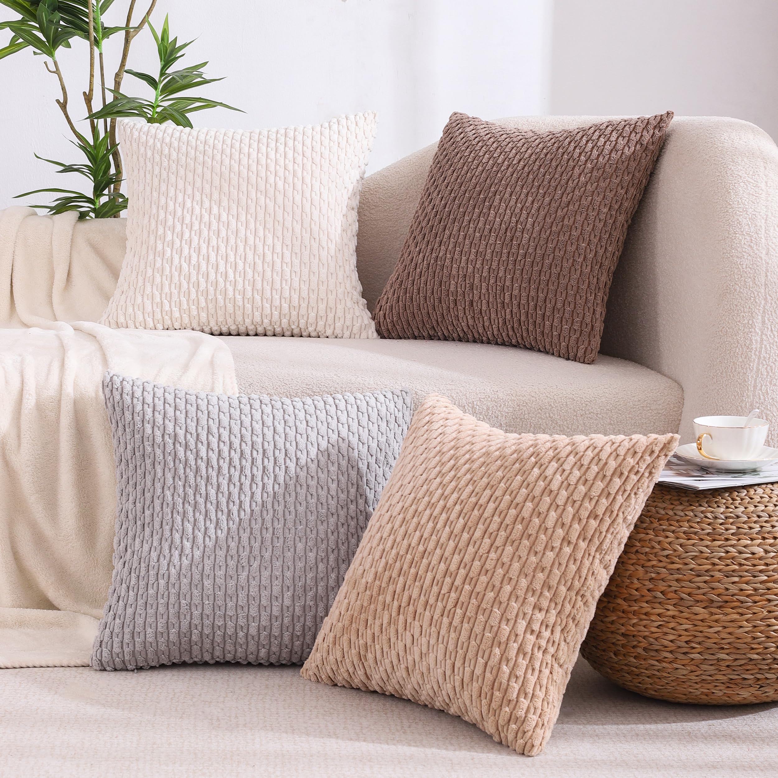 Vakado Decorative Throw Pillow Covers 16X16 Couch Set Of 4 Boho Corduroy Neutral Rustic Farmhouse Cushion Case Square For Home D