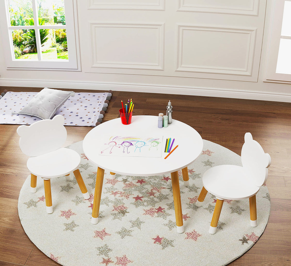 Utex Kids Wood Table And Chair Set, Kids Play Table With 2 Chairs,3 Pieces Kids Round Table For Toddlers, Girls, Boys,White