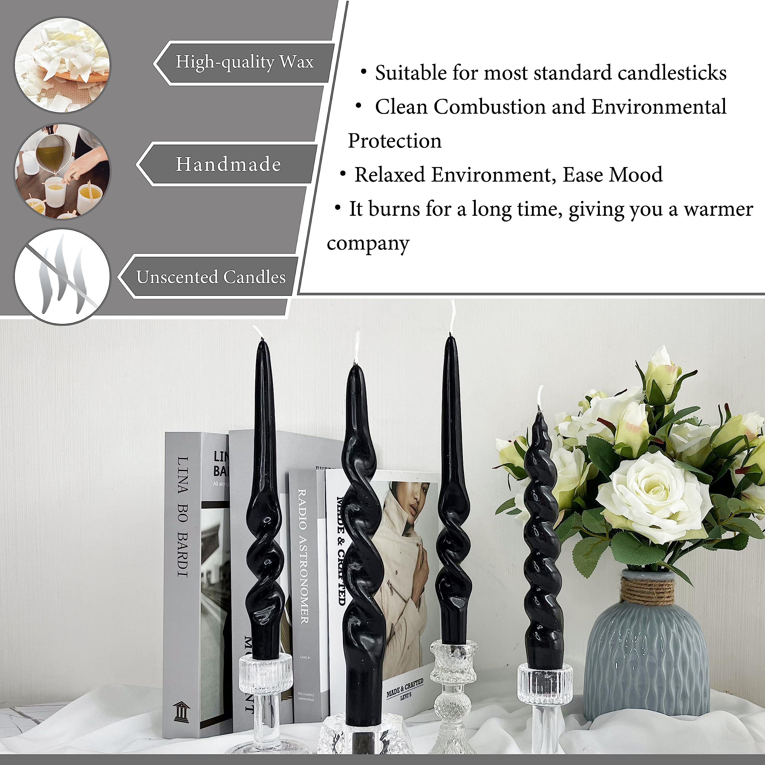 Halloween Candles Unscented Taper Candle - Black Candles Sticks 7.5 Inch Handmade Spiral Twisted Candles 4 Pcs For Home Decor, R