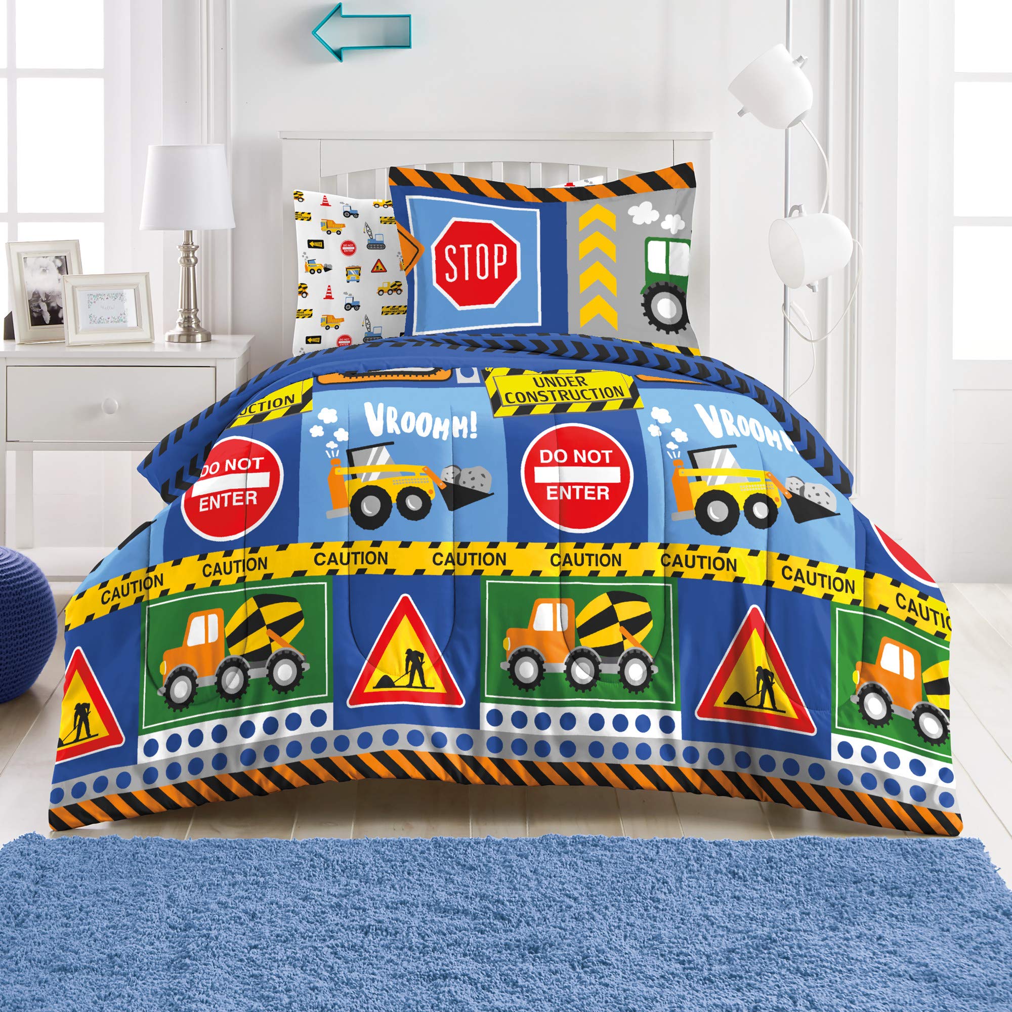 Dream Factory Under Construction 7-Piece Microfiber Bag Comforter Bedding Set Super Soft-Full, Navy Blue,2D871902Ny