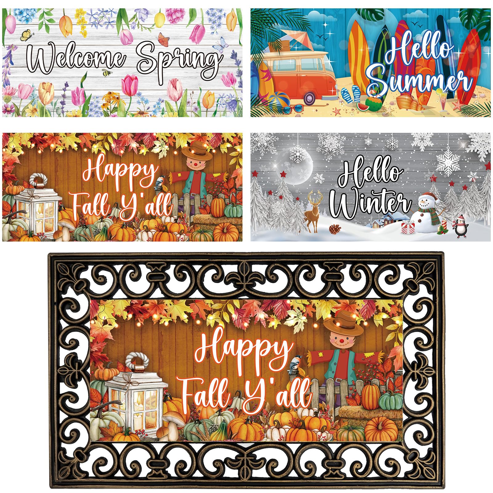 4Pcs Doormat Inserts Seasonal Door Mat Inserts Interchangeable Entrance Doormats Holiday Welcome Doormat Hello Spring Summer Fal
