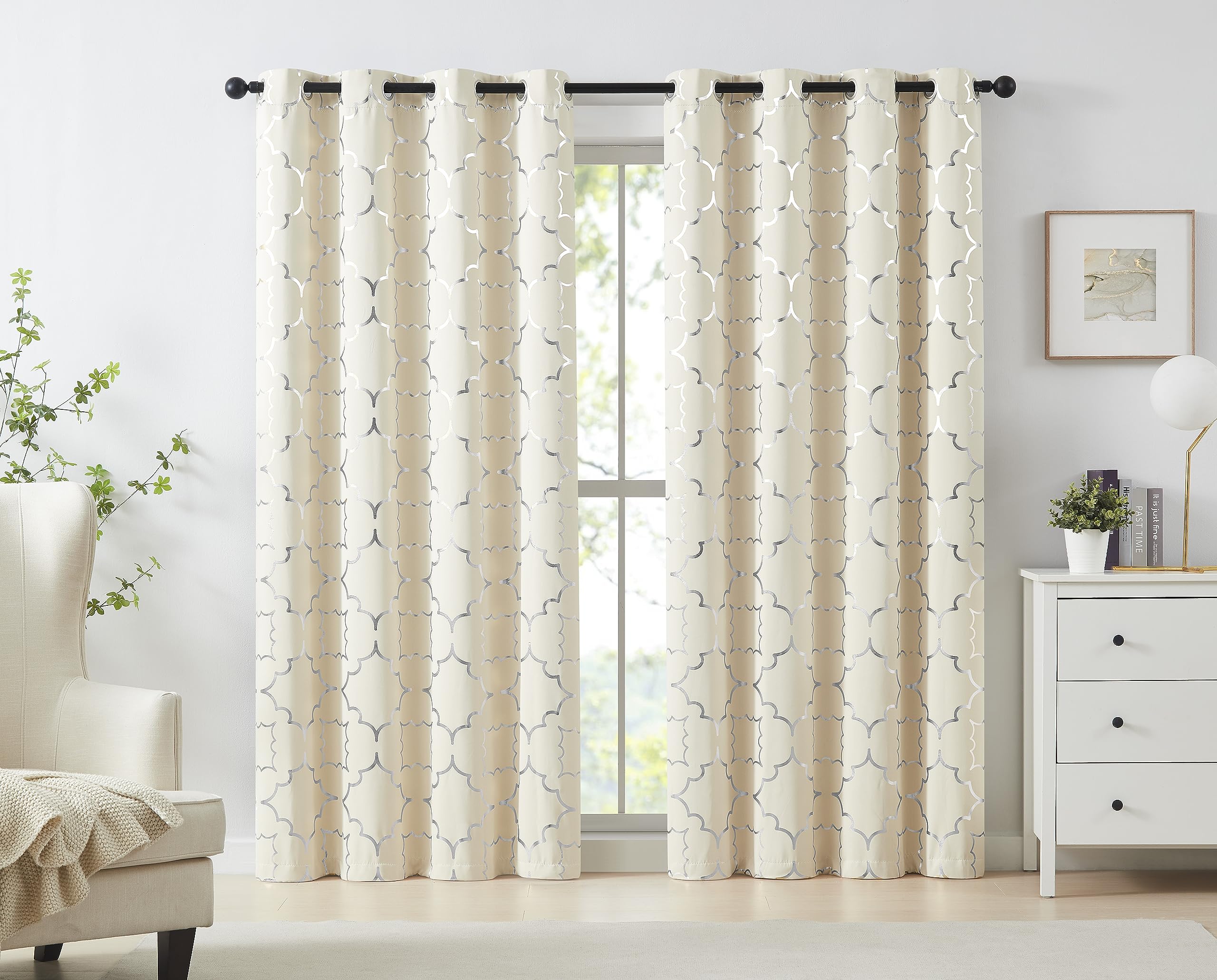 Purainbow Beige Blackout Curtain Panels For Bedroom 84' Silver Foil Moroccan Metallic Print Energy Efficient Drapes For Bedroom