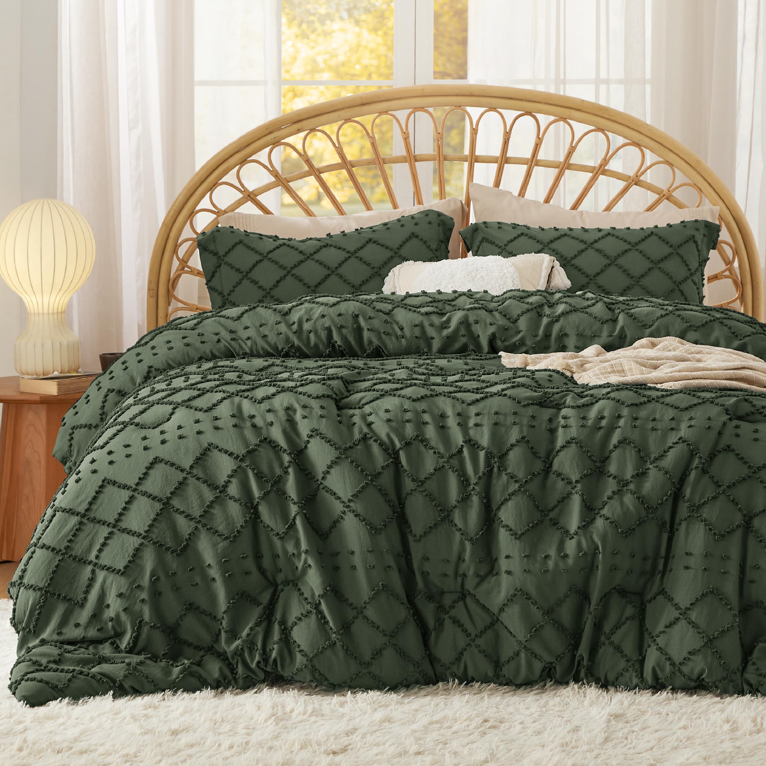 Bedsure Full Size Comforter Set - Olive Green Comforter, Boho Tufted Shabby Chic Bedding Comforter Set, 3 Pieces Farmhouse Bed S