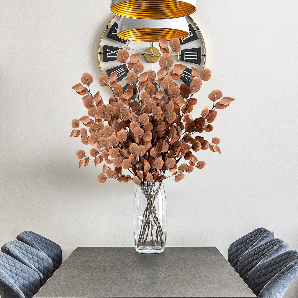 Sggvecsy 6 Pcs Fall Artificial Eucalyptus Stems Long Silver Dollar Leaves Fake Silk Eucalyptus Leaf Branches For Indoor Home Aut