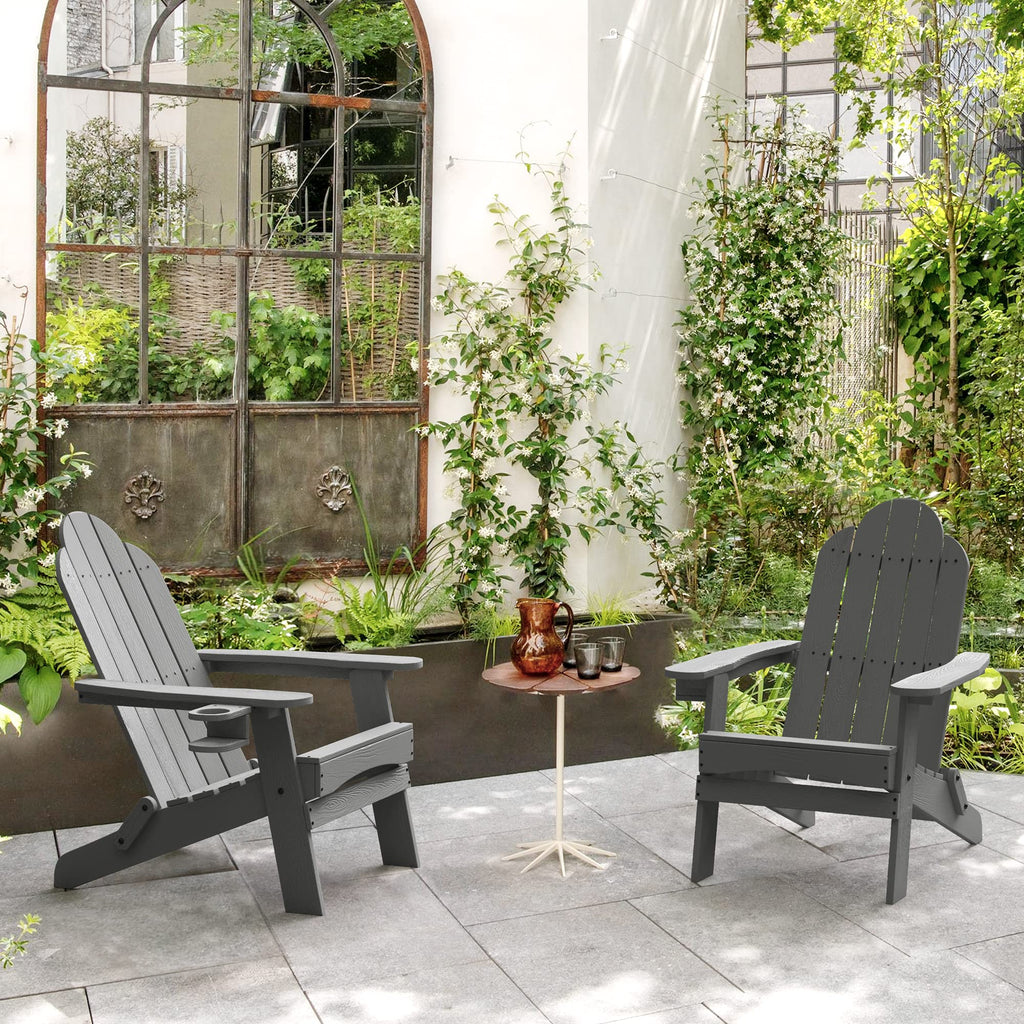 Lue Bona Folding Adirondack Chair Set Of 2, Dark Gray Hdps Outdoor Fire Pit Patio Chairs Weather Resistant, Modern Plastic Chairs With Cup Holder For Proch Garden Deck