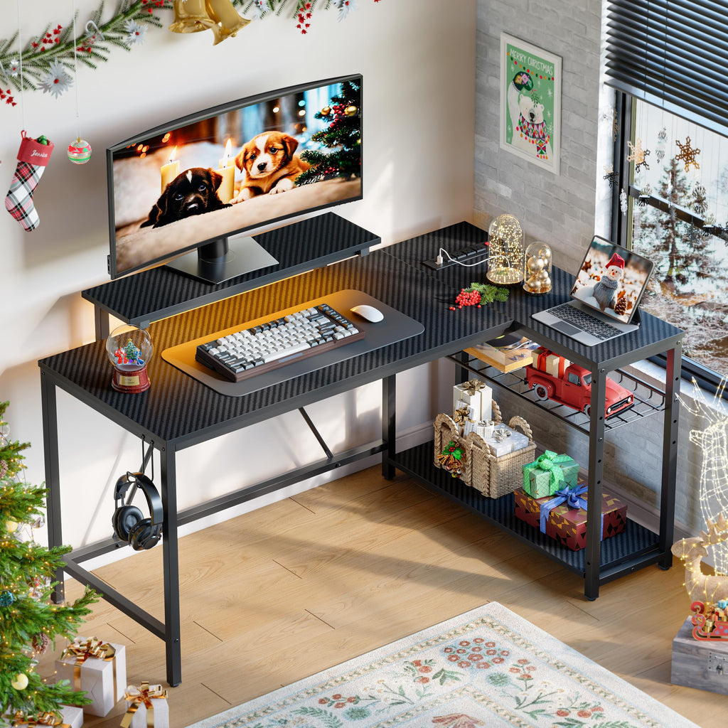 Bestier 58" L Shaped Gaming Desk with LED Lights, Power Outlets, Carbon Fiber Black, Reversible Home Office Corner Desk
