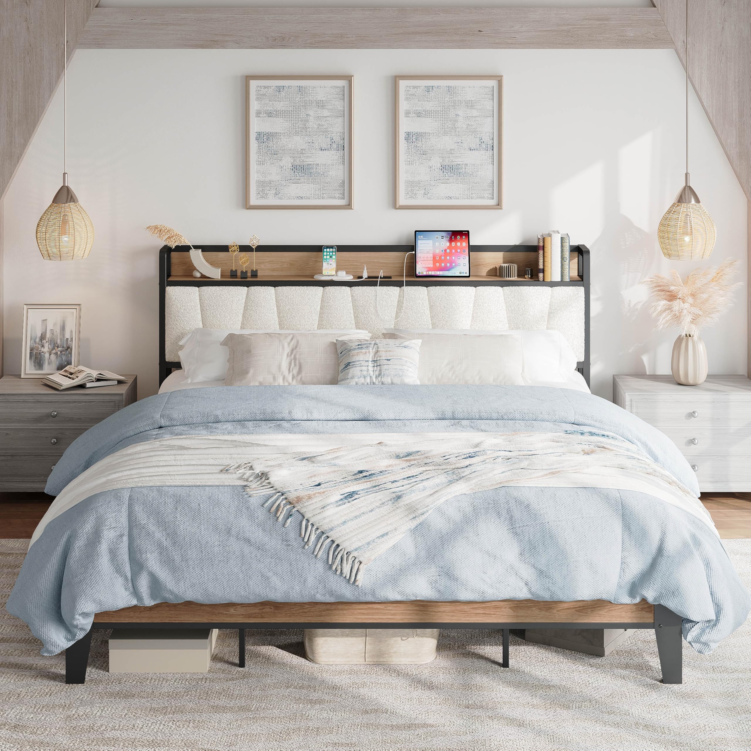 LIKIMIO California King Bed Frames, Storage Headboard with Charging Station, Solid and Stable, Noise Free, No Box Spring Needed,