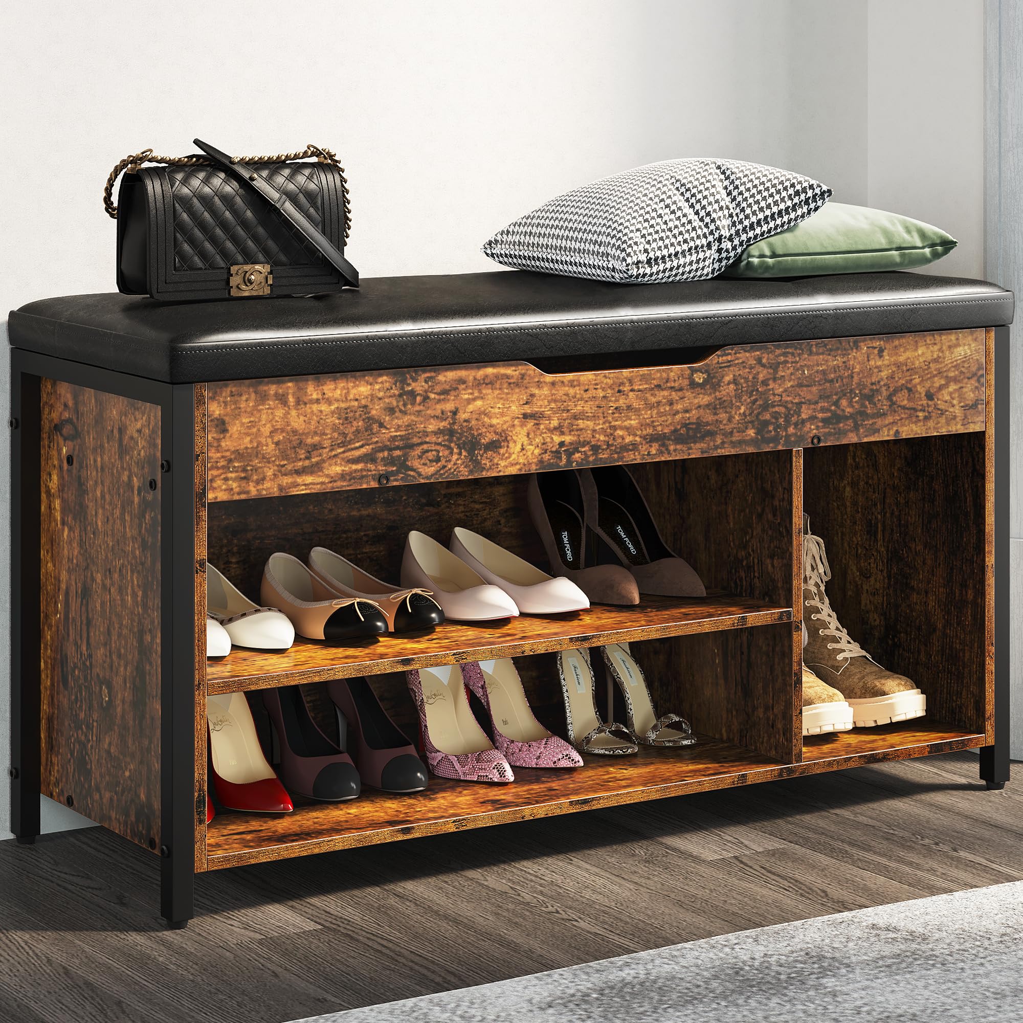 Astimey Shoe Bench, Lift Top Shoe Storage Bench, Adjustable Shelf Entryway Bench, Metal And Wood Shoe Rack Organizer With Cushion For Entry, Bedroom, Closet, Living Room, Hallway (Brown, 35.5“W)