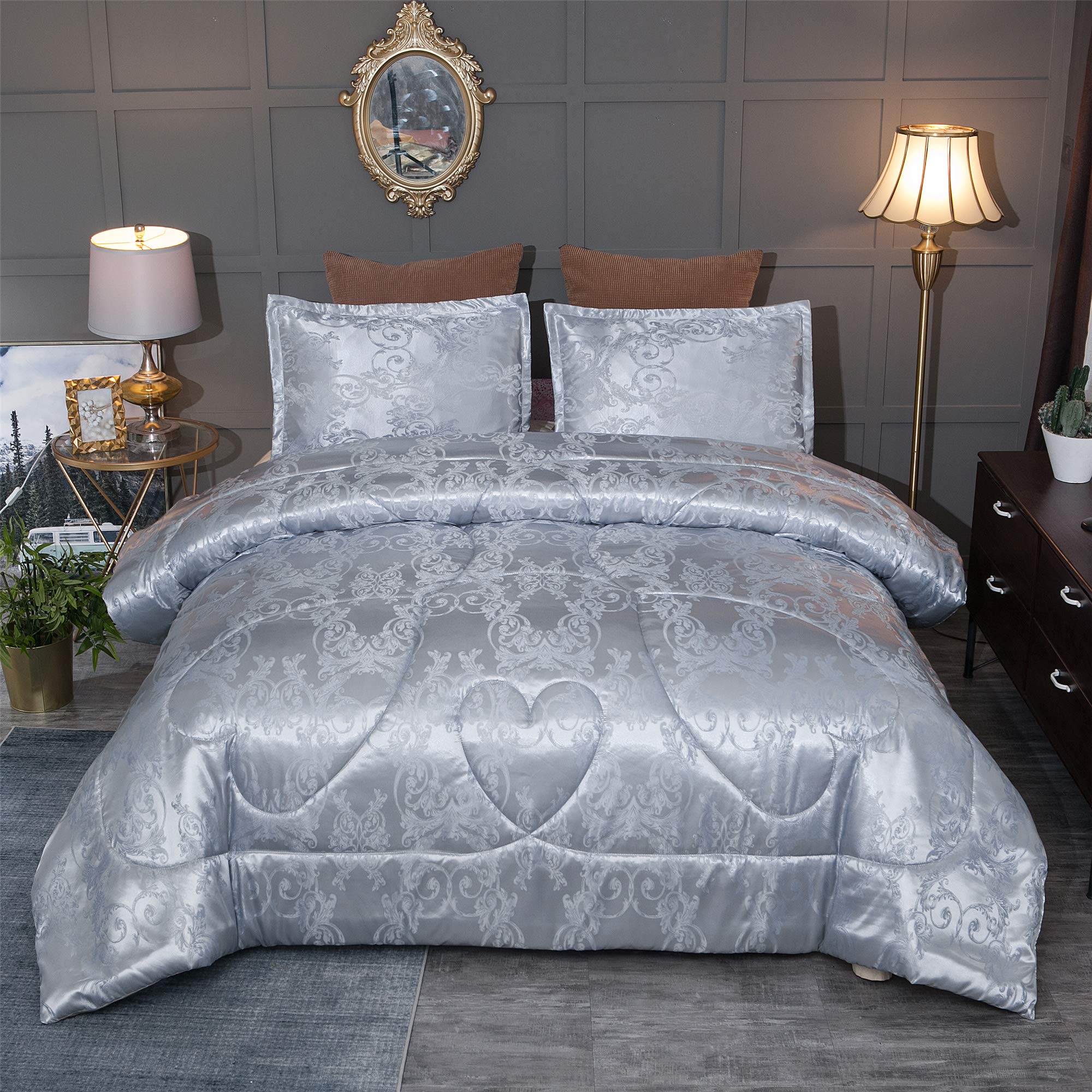 Raytrue-X King Size Comforter Set, Silver Bedding Comforter Sets All Season Grey Bed Comforter King Set, Soft Lightweight Silk J
