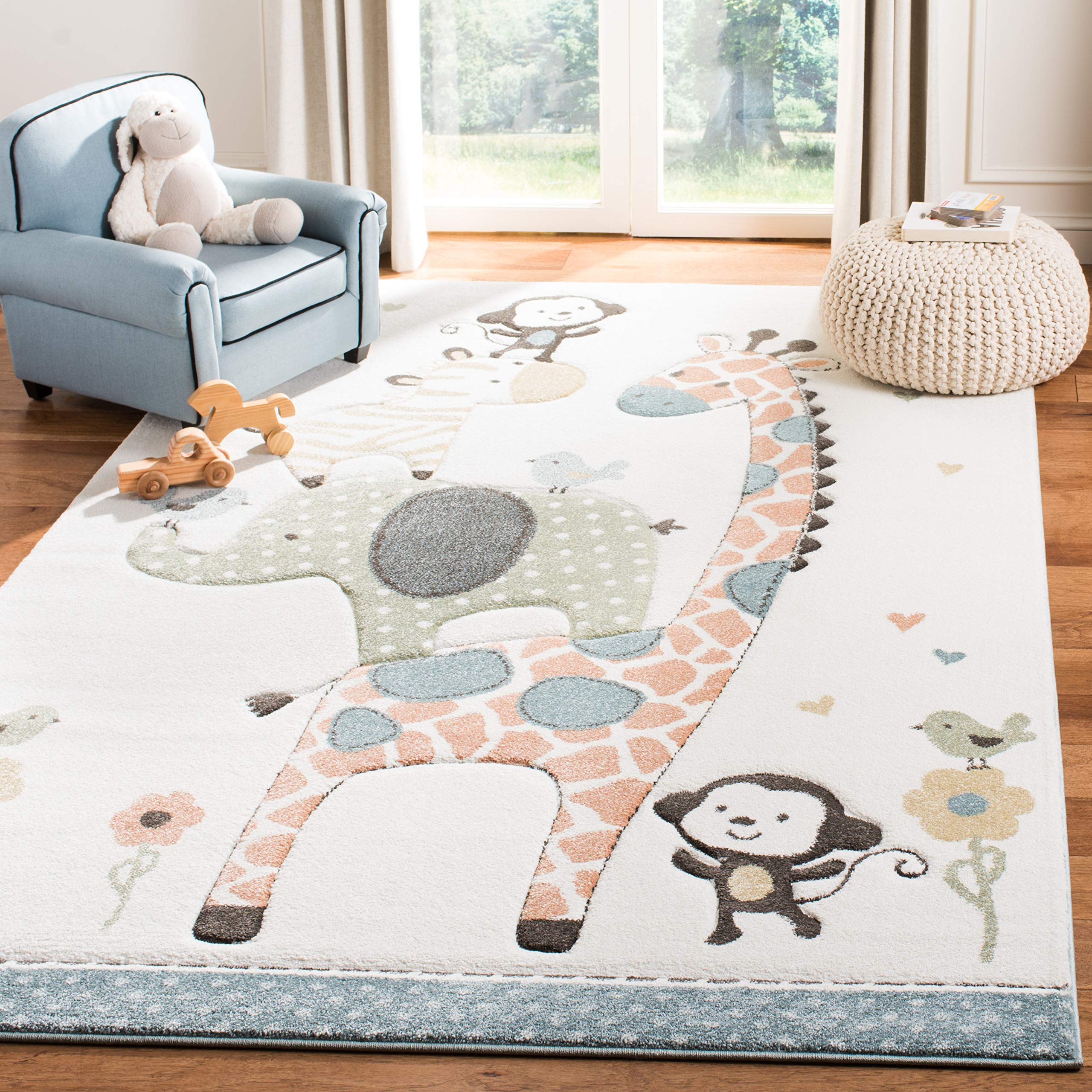 SAFAVIEH Carousel Kids Collection Area Rug - 9 x 12, Ivory, Animal Design, Non-Shedding & Easy Care, Ideal for High Traffic Ar