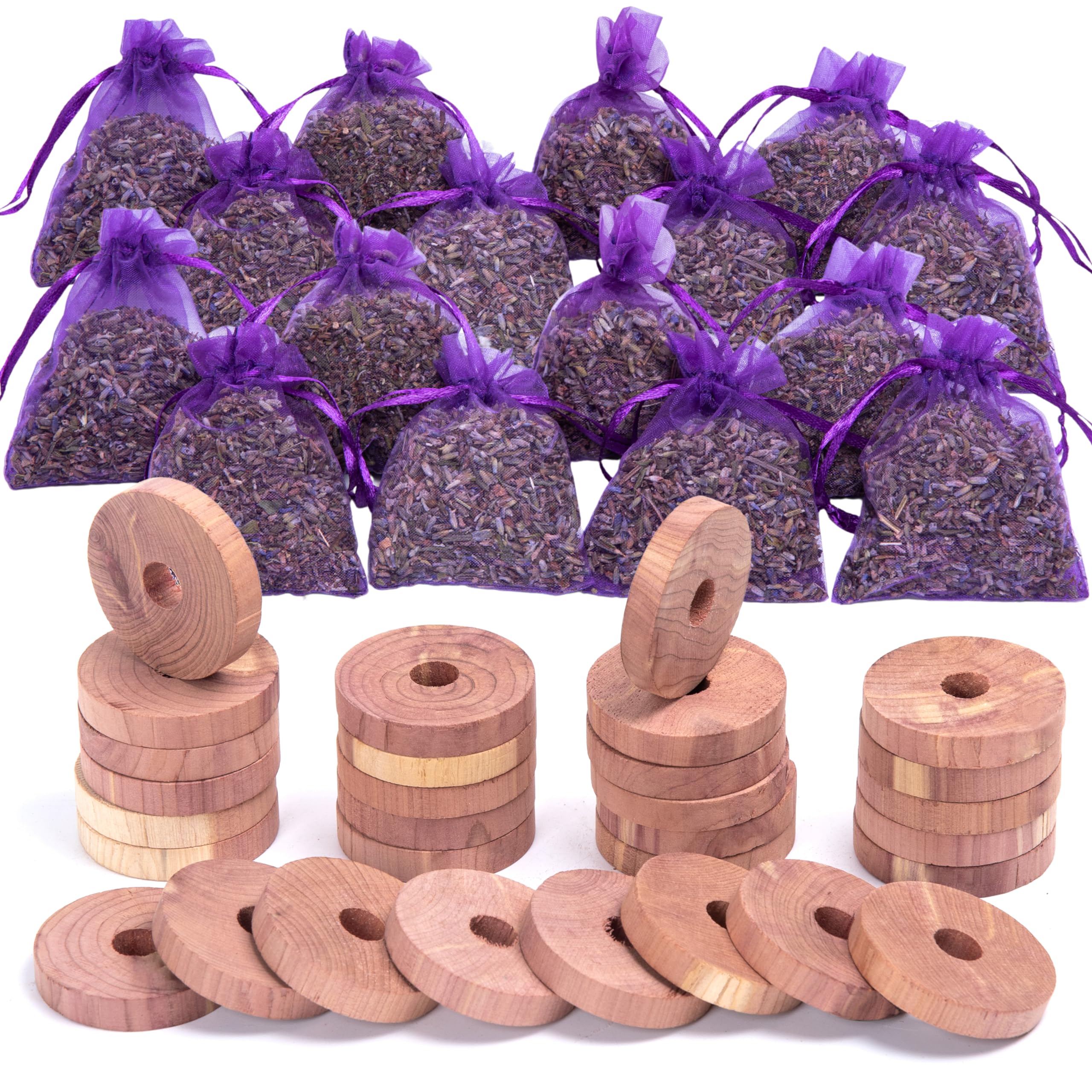 Lavande Sur Terre Pack of 30 Cedar Blocks and 16 Lavender Flower Sachets Craft Bag, Drawer Freshener, Linen, Shower Favor, Weddi