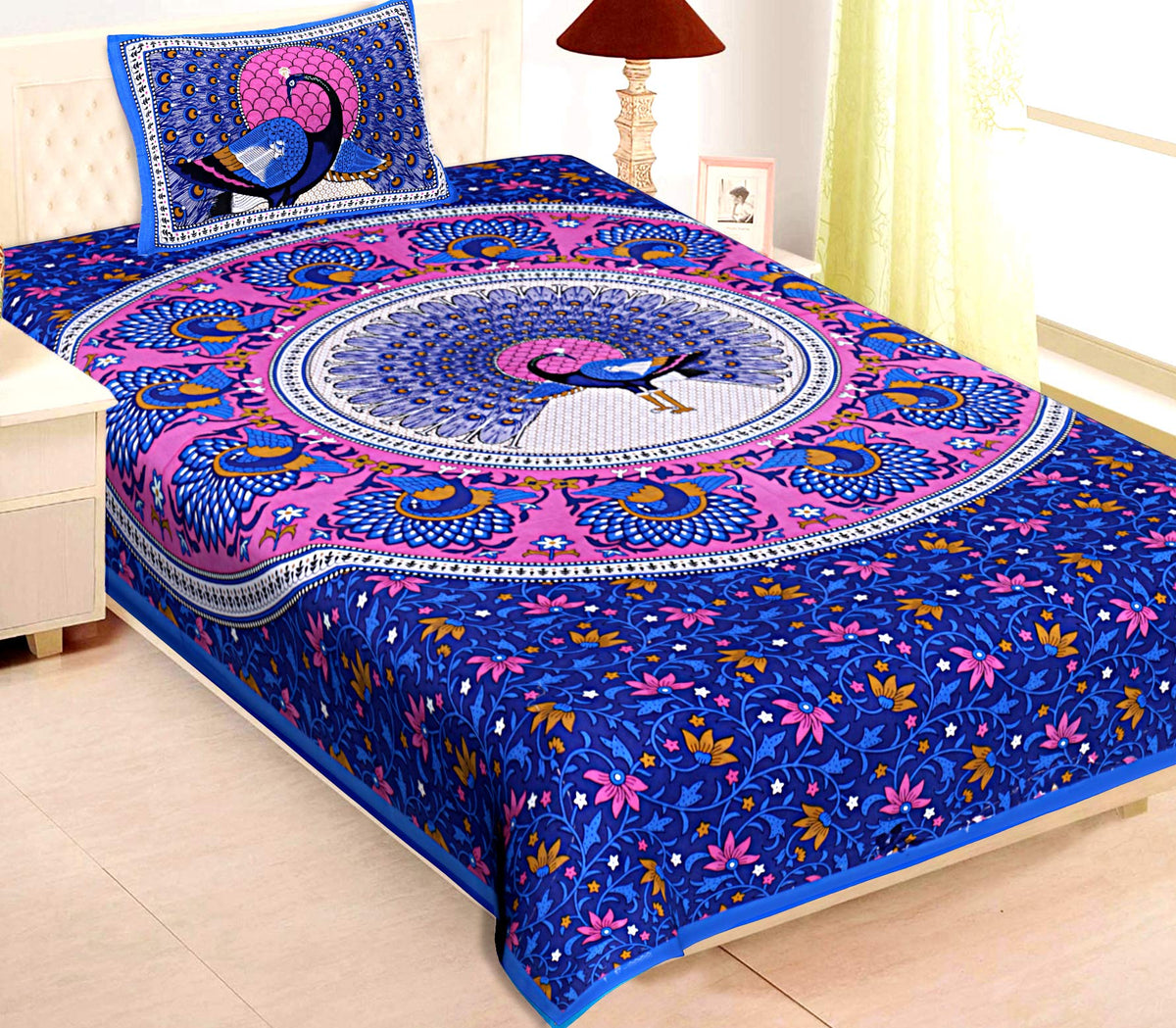 Rajasthanikart 100% Cotton Jaipuri Traditional Bedsheet  Peacock Design (Single, Blue) | 144 TC