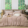 MooMee Gingham Duvet Cover Set 100% Washed Cotton Linen Like Textured Breathable Durable Soft Comfy Modern Checkered Design (Dar