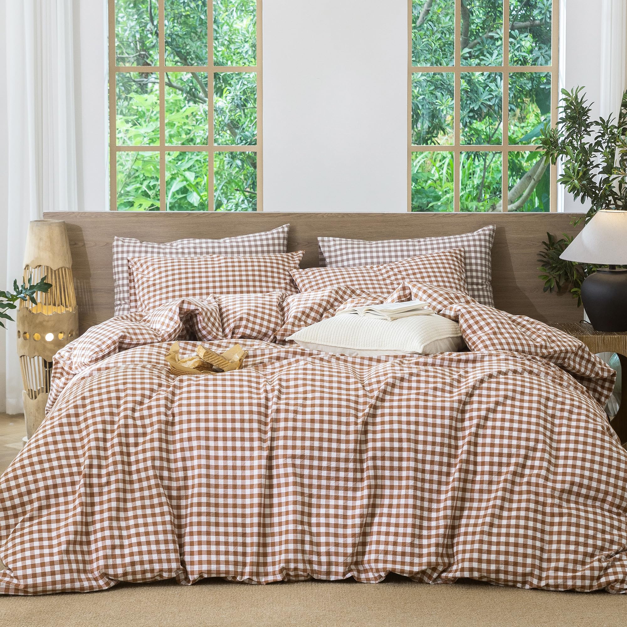 MooMee Gingham Duvet Cover Set 100% Washed Cotton Linen Like Textured Breathable Durable Soft Comfy Modern Checkered Design (Dar