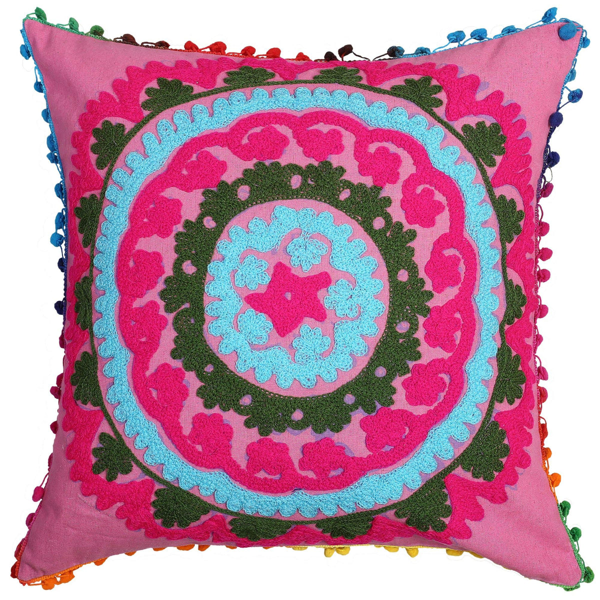 Stylo Culture Rajasthani Floral Cushion Cover 17X17 Inches Pink Embroidered Suzani Work With Pompom Lace Cotton Square Decorativ