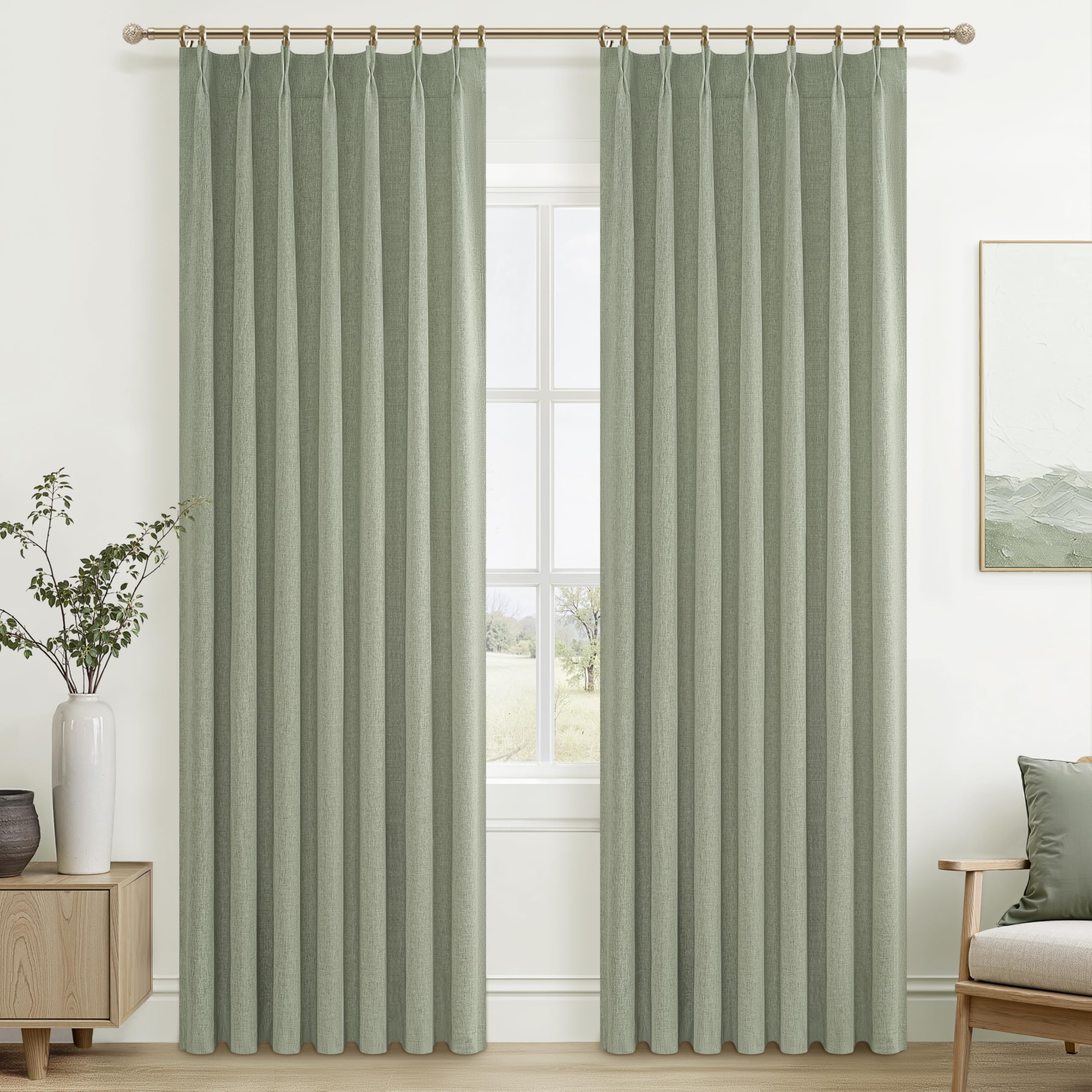 Sage Green Blackout Linen Curtains 90 Inches Long for Living Room Bedroom, Pinch Pleated Boho Light Drapes Viral Window Curtain 